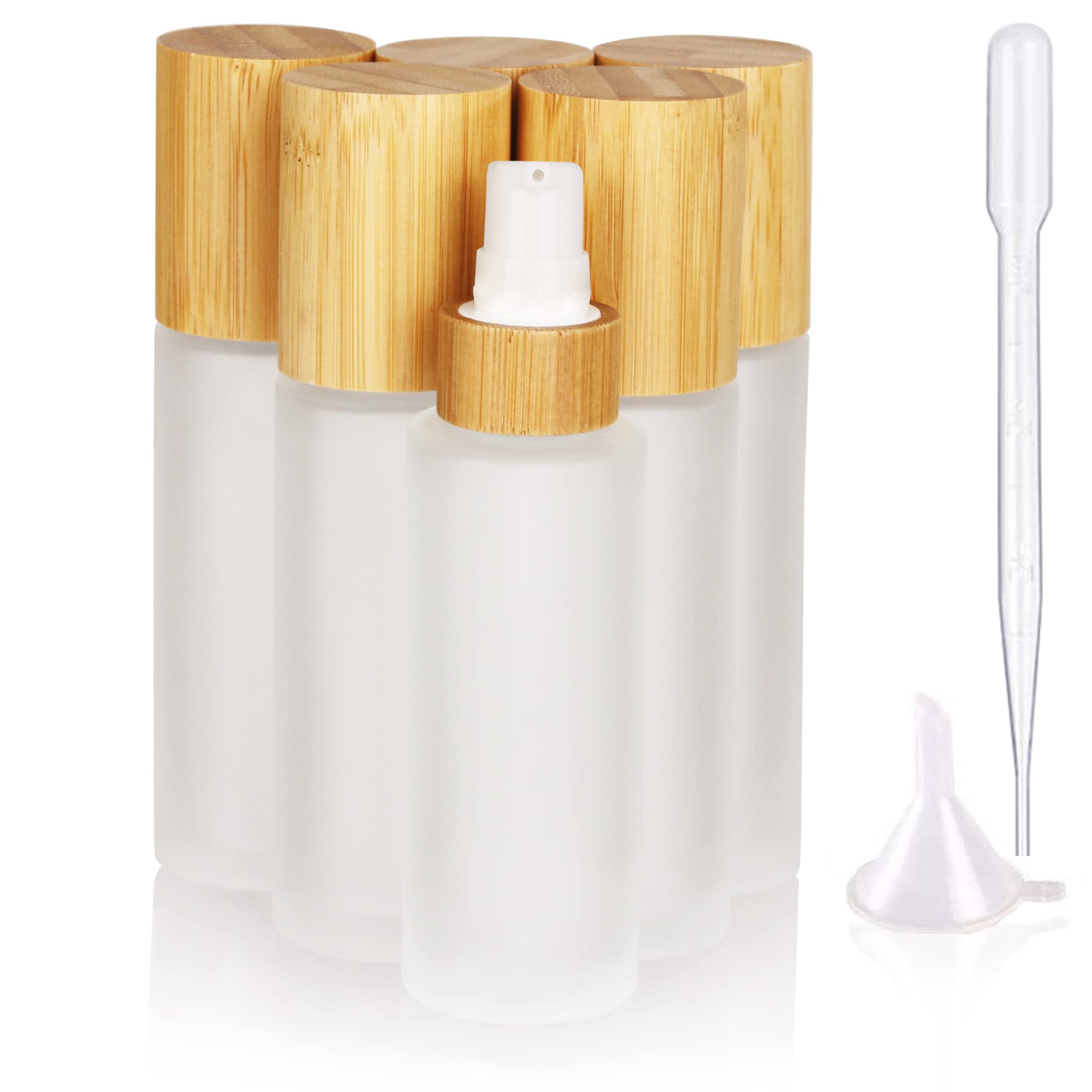 Cosidea 6 Pcs Empty 2Oz / 60Ml Bamboo Lids Frosted Glass Bottle With Lotion Pump Dispenser, Refillable Emulsion Cosmetic Cream B