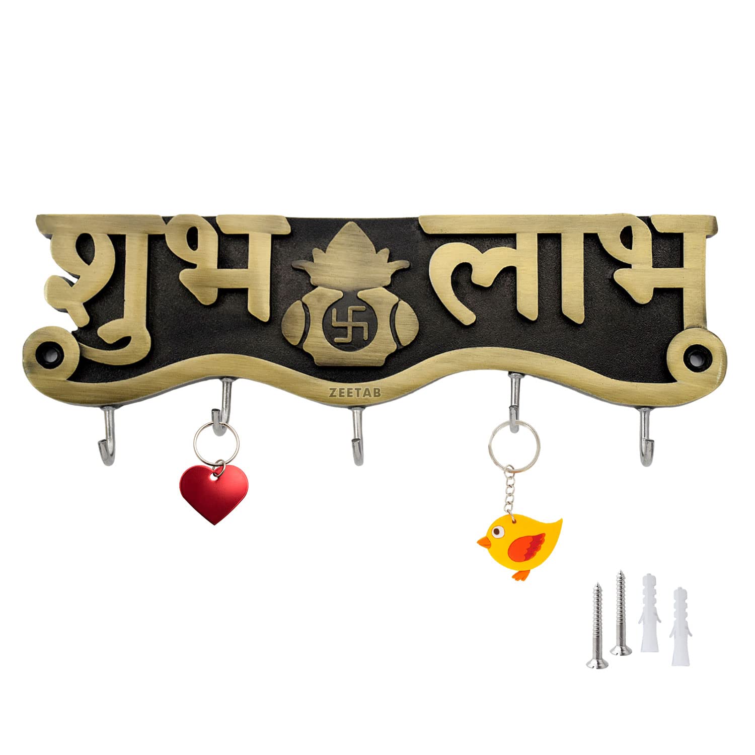 Zeetab Shubh Labh Key Holder | Antique Swastik Key Stand Brass Metal Wall Mount Hanger 6 Hooks | Home Decor Gift