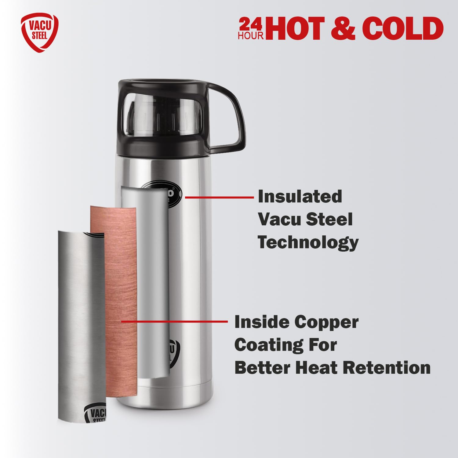 Cello Instyle Thermosteel Water Bottle, 500ml, Silver | 24 Hours Hot and Cold | Flask for Tea Coffee | Rust & Leak Proof | Ideal