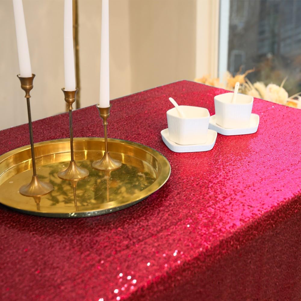 Fyledaee Red Sequin Tablecloth Round 50X50 Inch Square Glitter Shimmer Table Cover For Wedding Baby Shower Birthday Party Dinner