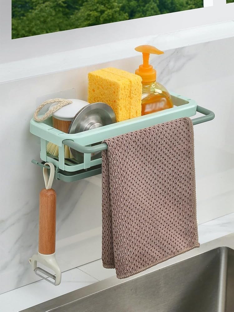 Tyagy Two Tone Hanging Drain Rack With Retractable Storage, Sponge Drain Tray, Drying Basket, Kitchen And Bathroom Sink Organise
