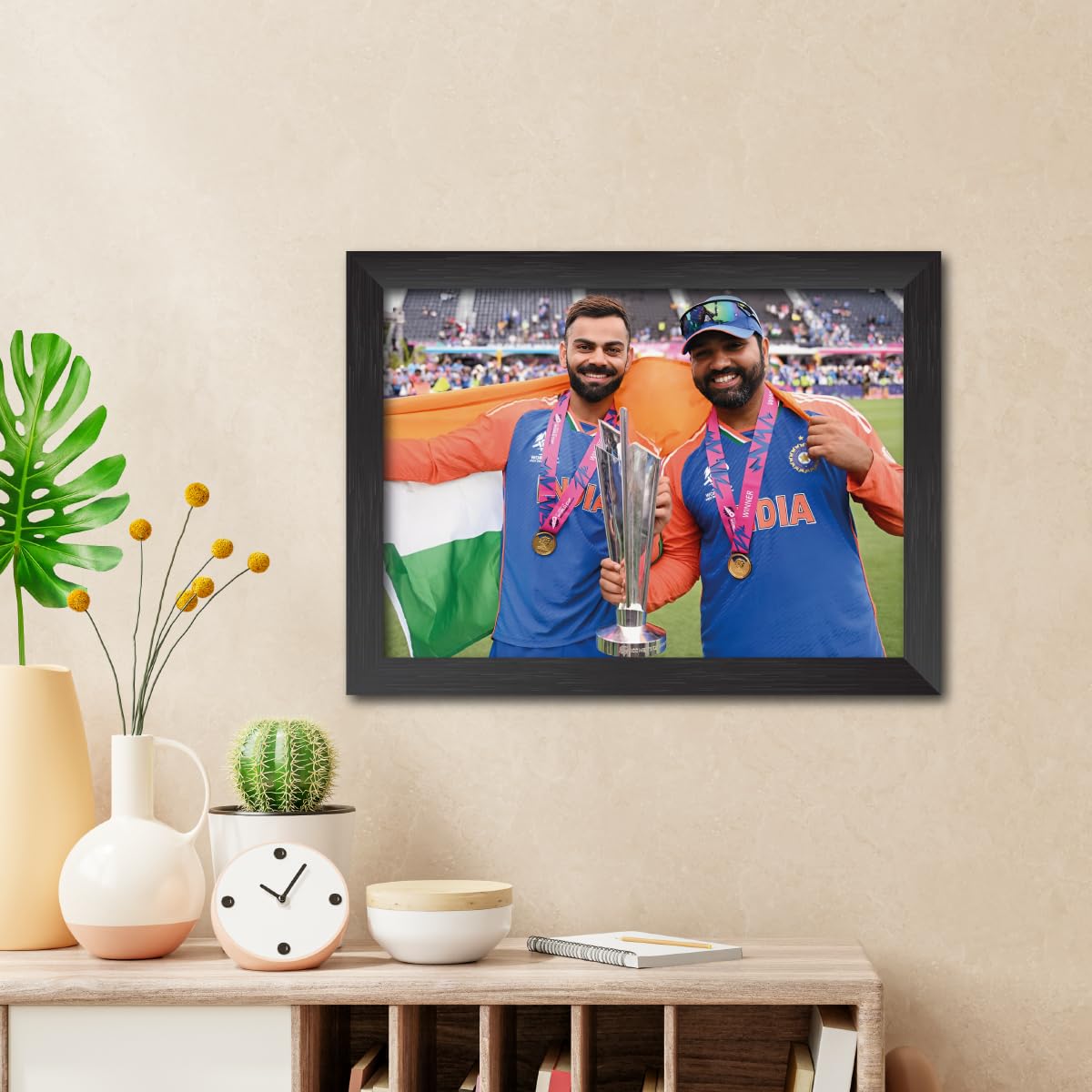 TenorArts Rohit Sharma Virat Kohli Worldcup Poster Indian Cricket Photo Framed Painting with Matt Finish Black Textures (12 inch