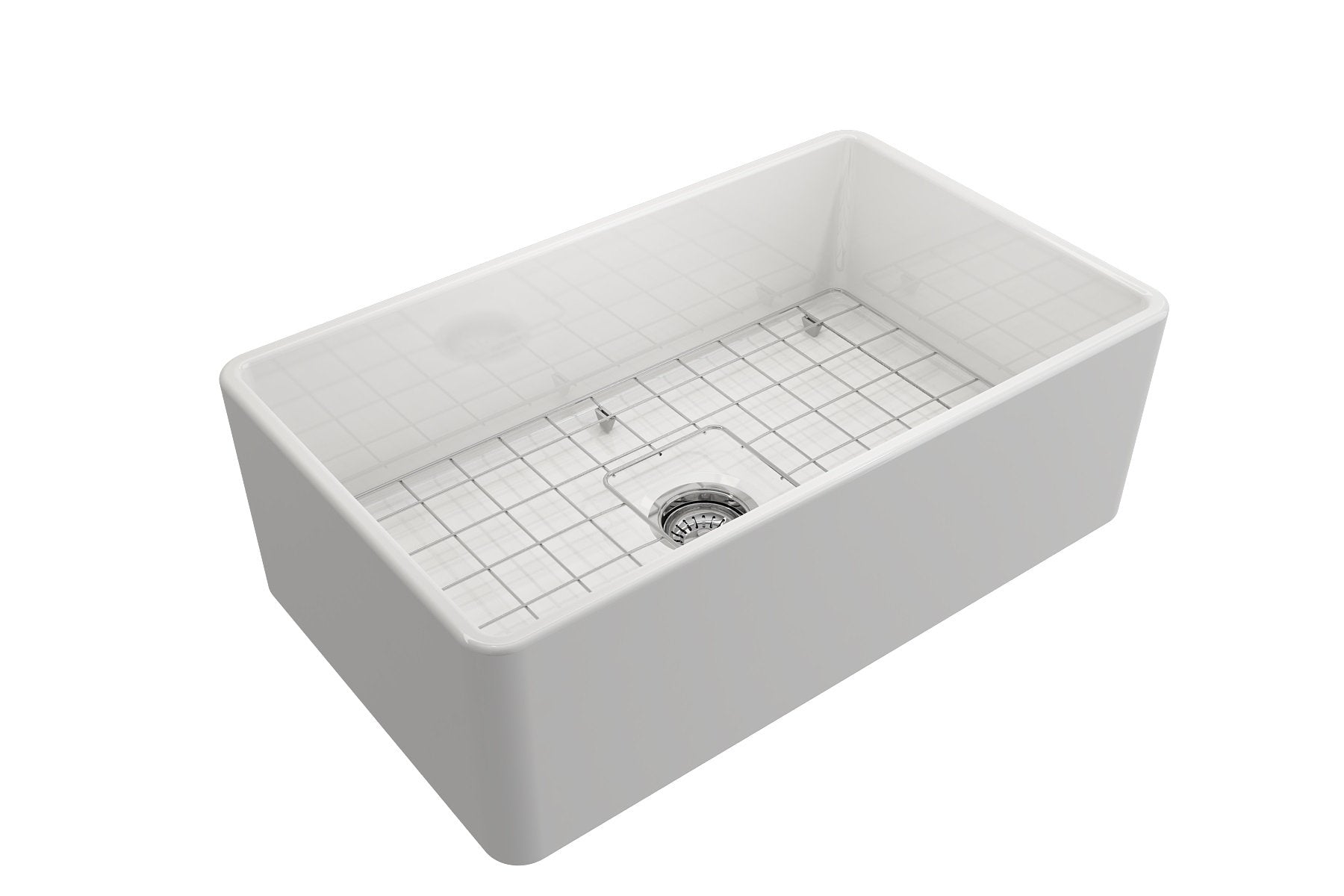 Bocchi Classico White Apron Front Fireclay 30 In. Single Bowl Kitchen Sink With Protective Bottom Grid, Strainer, And Chrome Fau