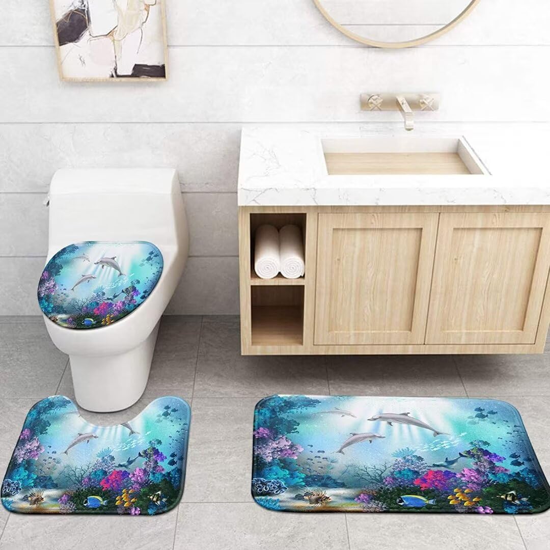 Yizheer 4Pcs Blue Ocean Dolphin Shower Curtain Sets With Rugs, Toilet Lid Cover And Bath Mat, Haunted House Shower Curtains Bath