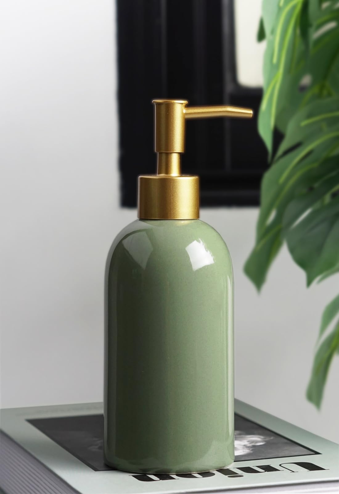 Ceramic Soap Dispenser Green With Gold Pump,Simple Design Cylindrical Lotion Dispenser Bottle,Refillable Liquid Hand Soap Dispen