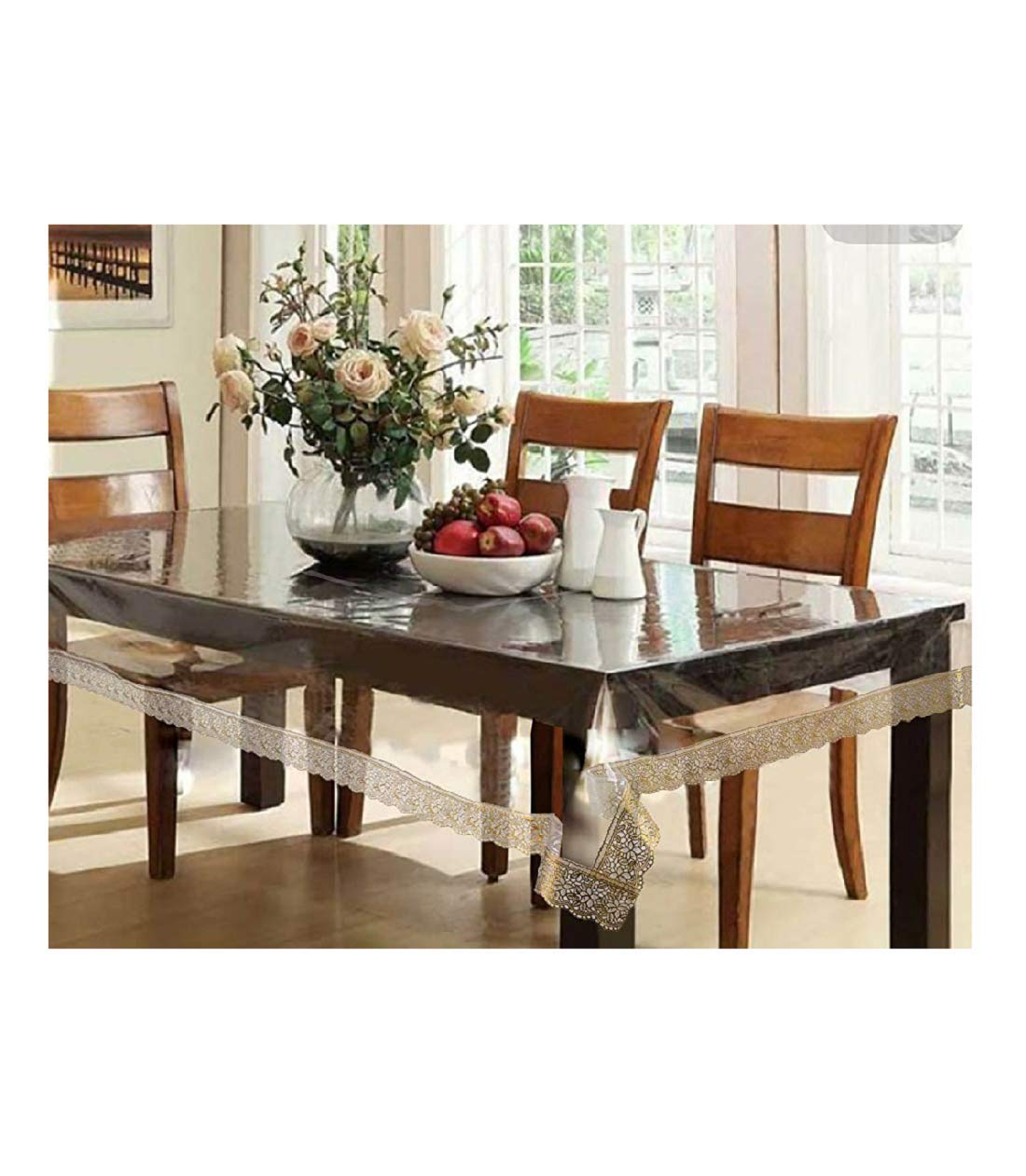Classic Transparent 12 Seater Dining Table Cover with Gold LACE (60X120 INCHES)