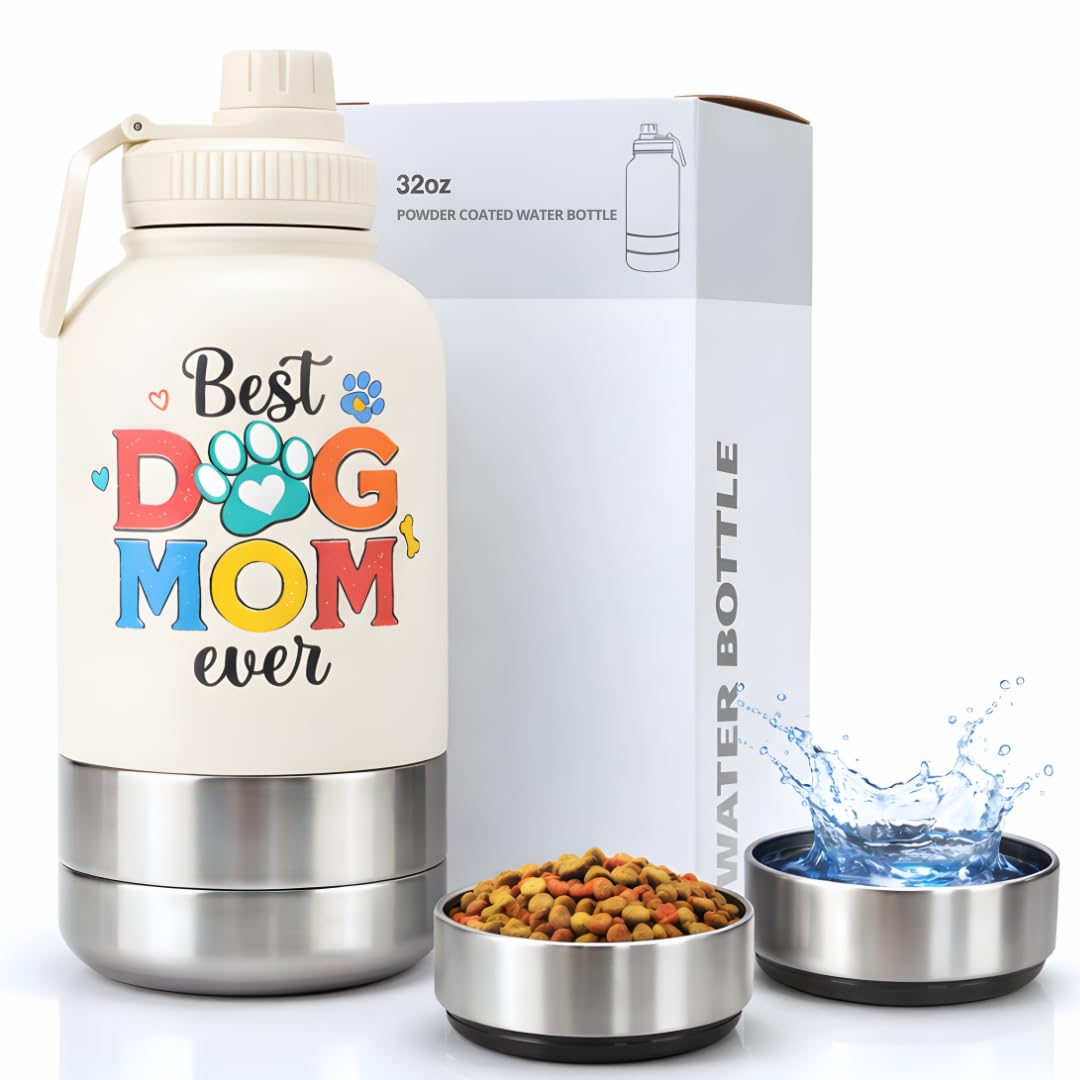 Dog Mom Gifts for Women from Dogs, Dog Lover Gifts, Cute Dogs Mom Water Bottle with Detachable Bowls for Birthday Thanksgiving C
