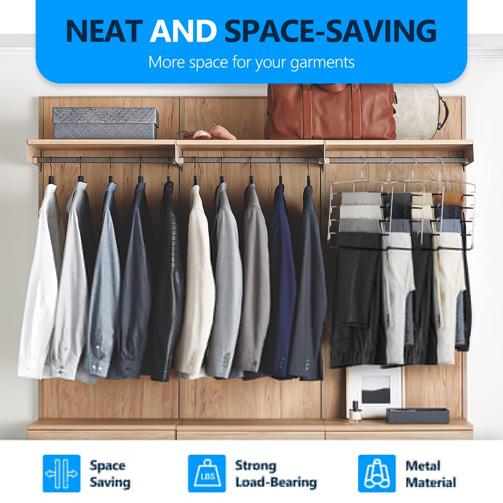 Pants Hangers 3 Pieces,5 Tier Closet Organizers And Storage Clothes Hangers,Hangers Space Saving With Swing Arm,Multiple Metal H