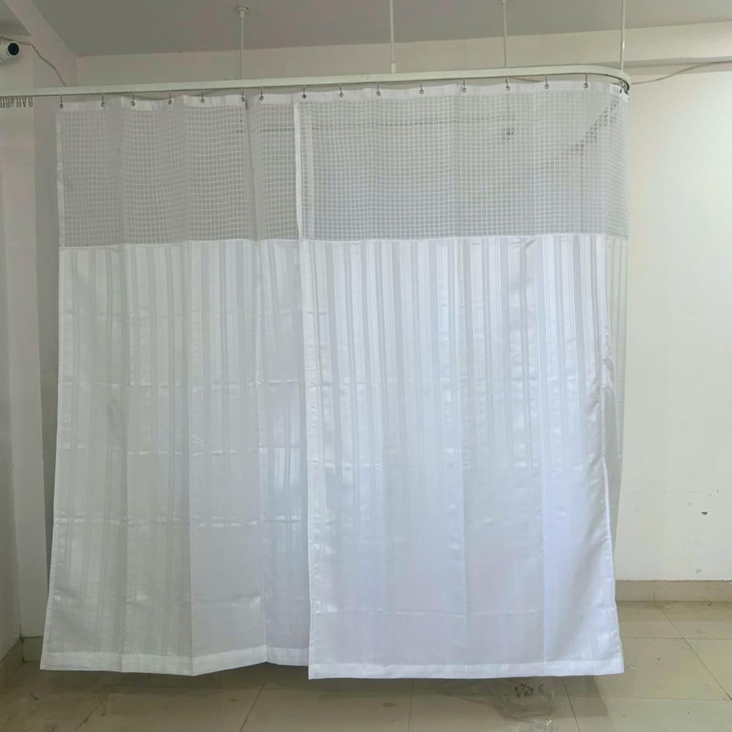 Om Blinds Hospital Grey Stripe Curtains With Square Net, Durable Partition For Icu & Wards, Privacy And Hygiene Solution (White,