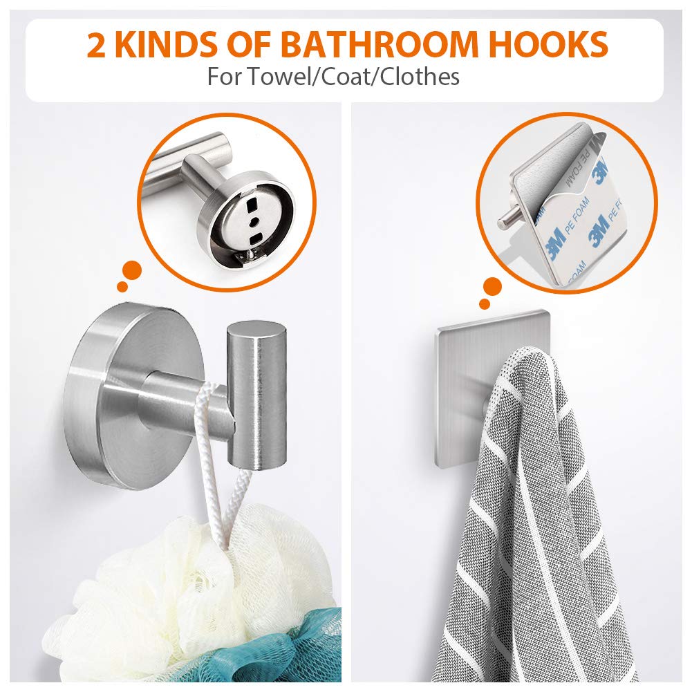 Tudoccy 5-Pieces Bathroom Hardware Set Brushed Nickel SUS304 Stainless Steel Round Wall Mounted - Includes 16'' Hand Towel Bar  Toilet Paper Holder  3 Robe Towel Hooks Bathroom Accessories Kit