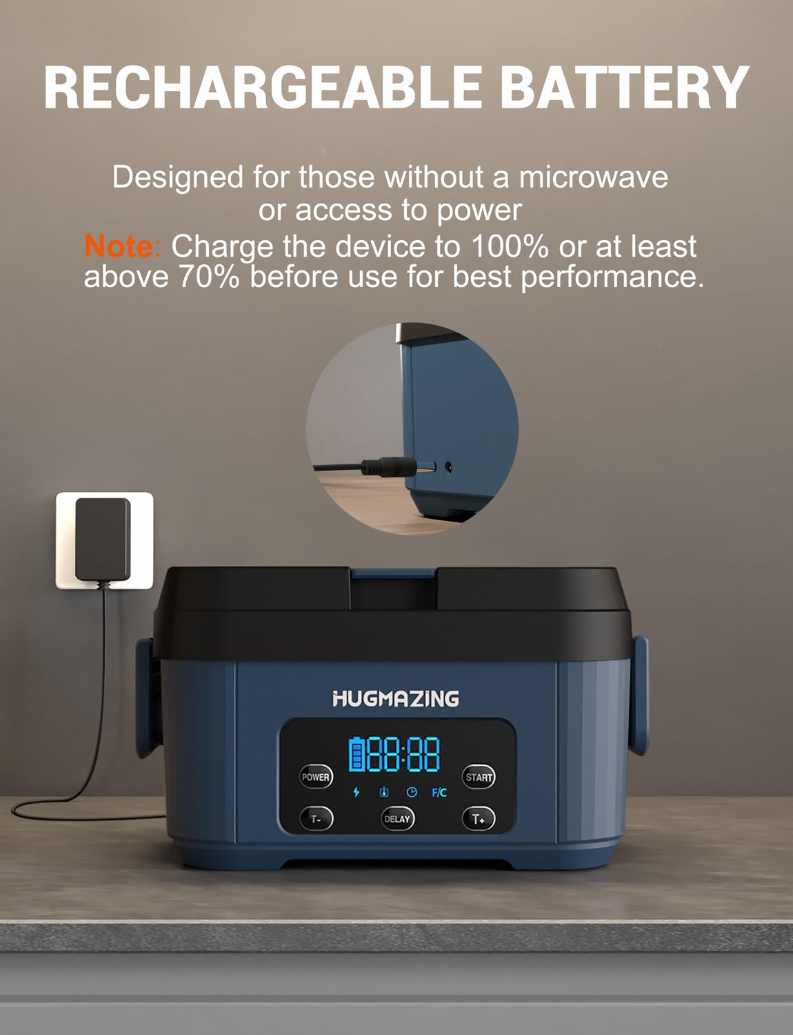 Hugmazing Cordless Electric Lunch Box, 1100ML Stainless Steel, Deep Blue, Model HG-CHARGE, Self-Heating Food Warmer for Work & Travel