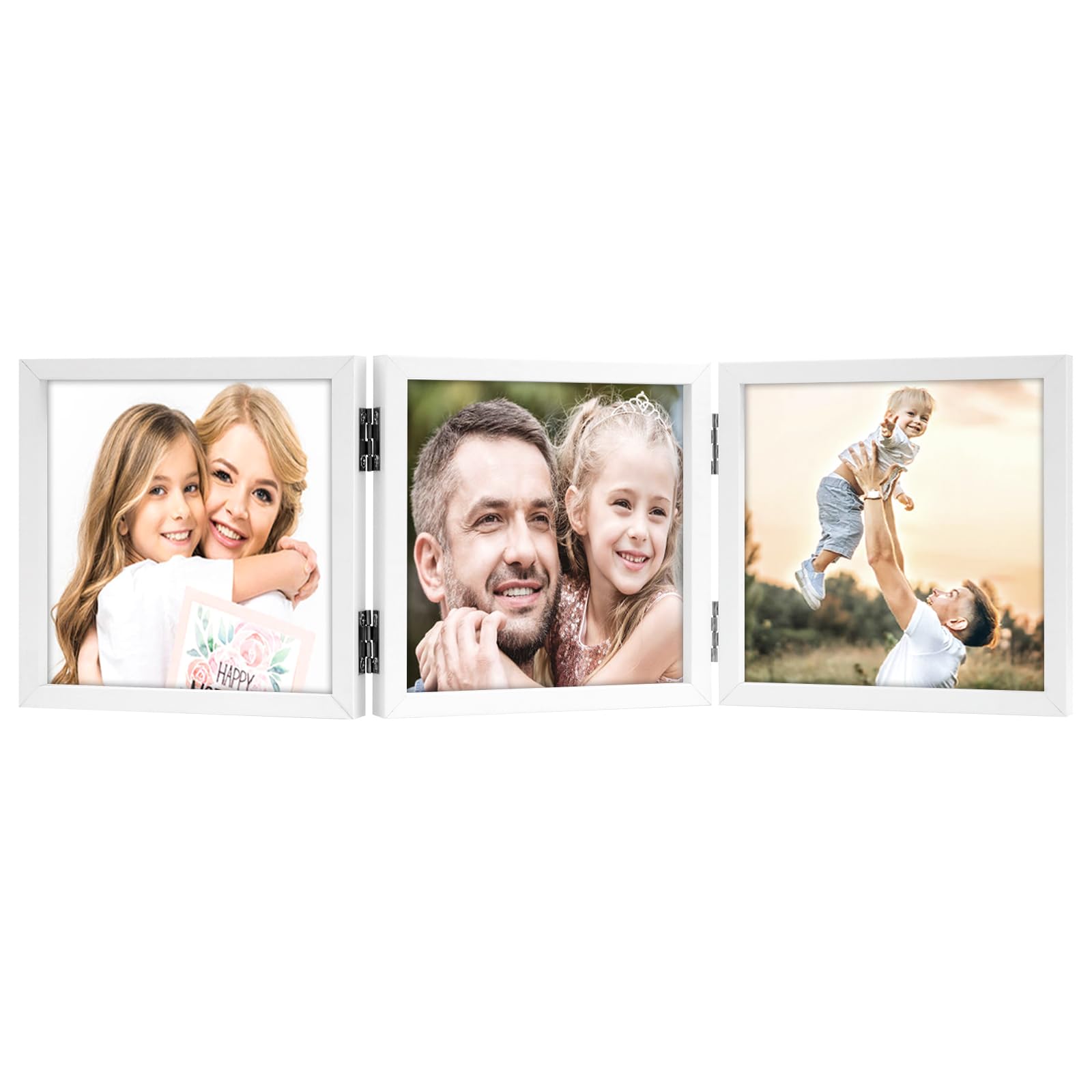 3 Picture Frame 5x5 White Triple Hinged MDF Wood with Glass Front Three Opening Photo Frame Stand Vertical on Tabletop