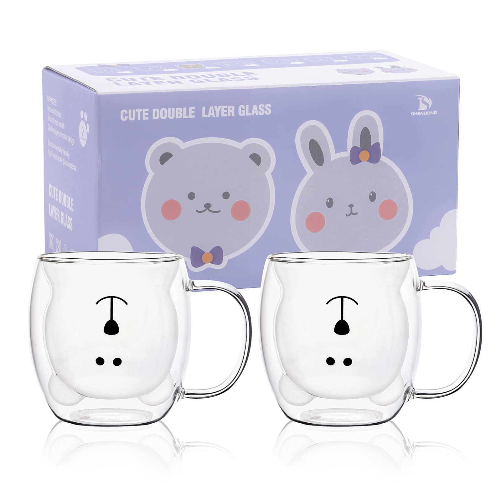 Shendong Cute Bear Mugs Set Of 2 Cute Cups Bear Tea Coffee Cup With Handle 8.5Oz Milk Cup Double Wall Insulated Glass Espresso C