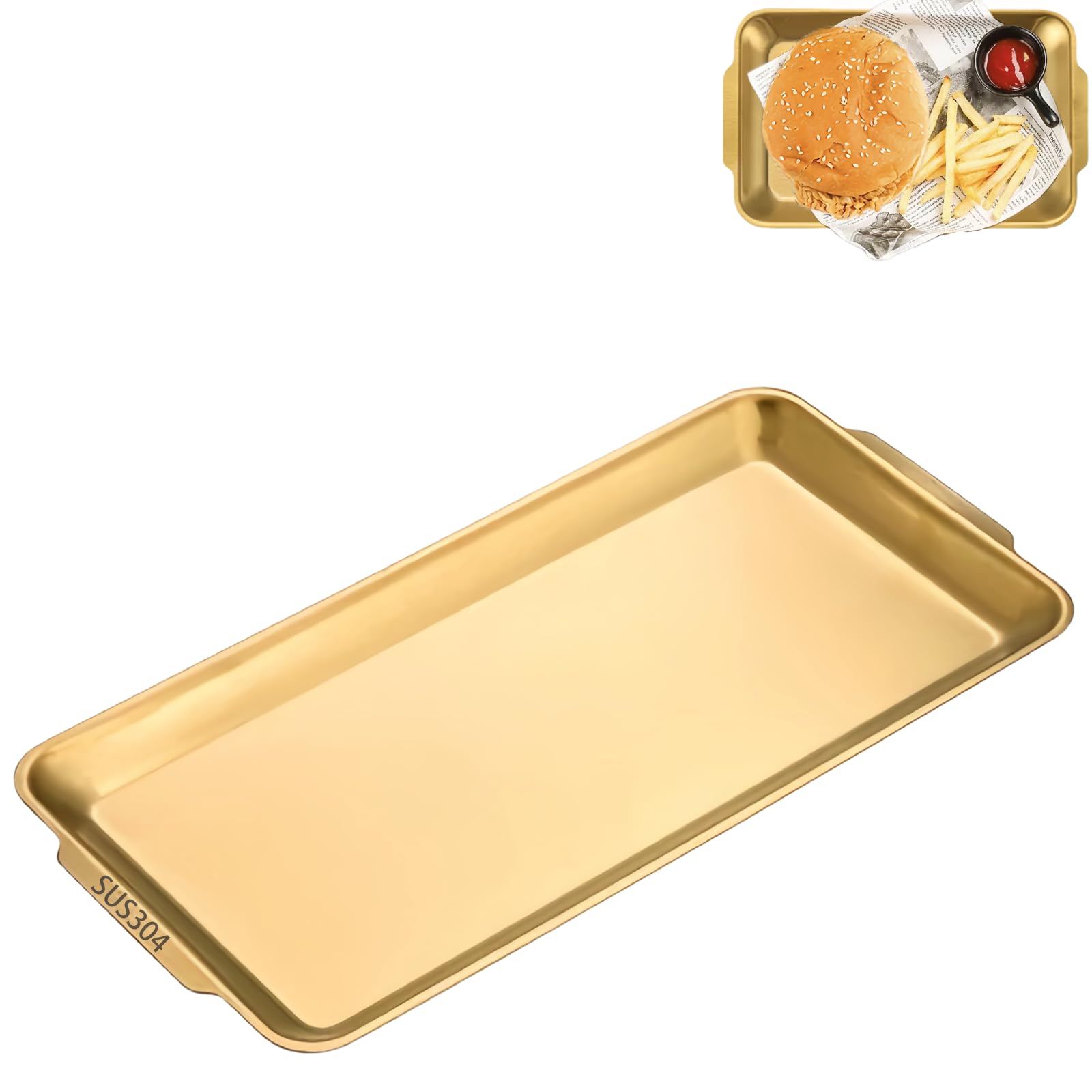 Bigwinyep Gold Tray For Coffee Table, 304 Stainless Steel Serving Tray, 14.6 Vanity Organizer Tray For Camping, Bbq, Party, Buf