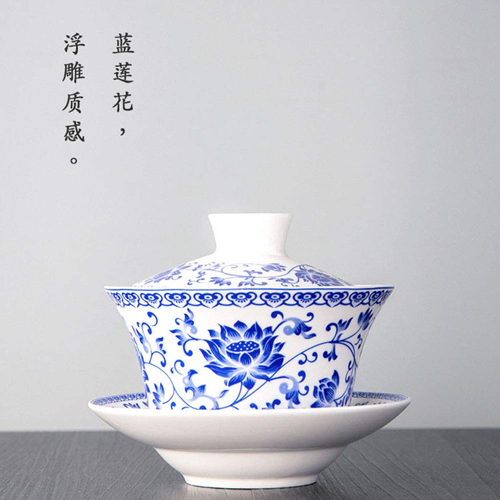 Liang Baobao Traditional Gaiwan Tea Set With Lid And Saucer Gongfu Tea Cup Porcelain Blue Lotus Design Teacups 200Ml