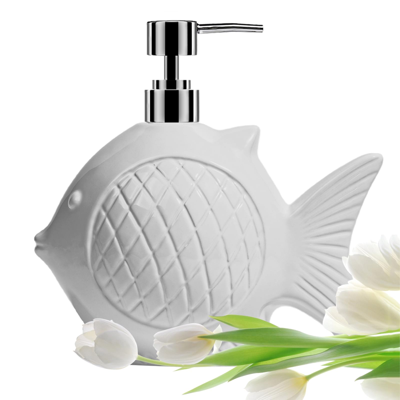 Amaauto White Soap Dispenser Bathroom, Ceramic Fish Shaped Lotion Hand Soap Dispenser With Easy-To-Press Stainless Pump, Large 1