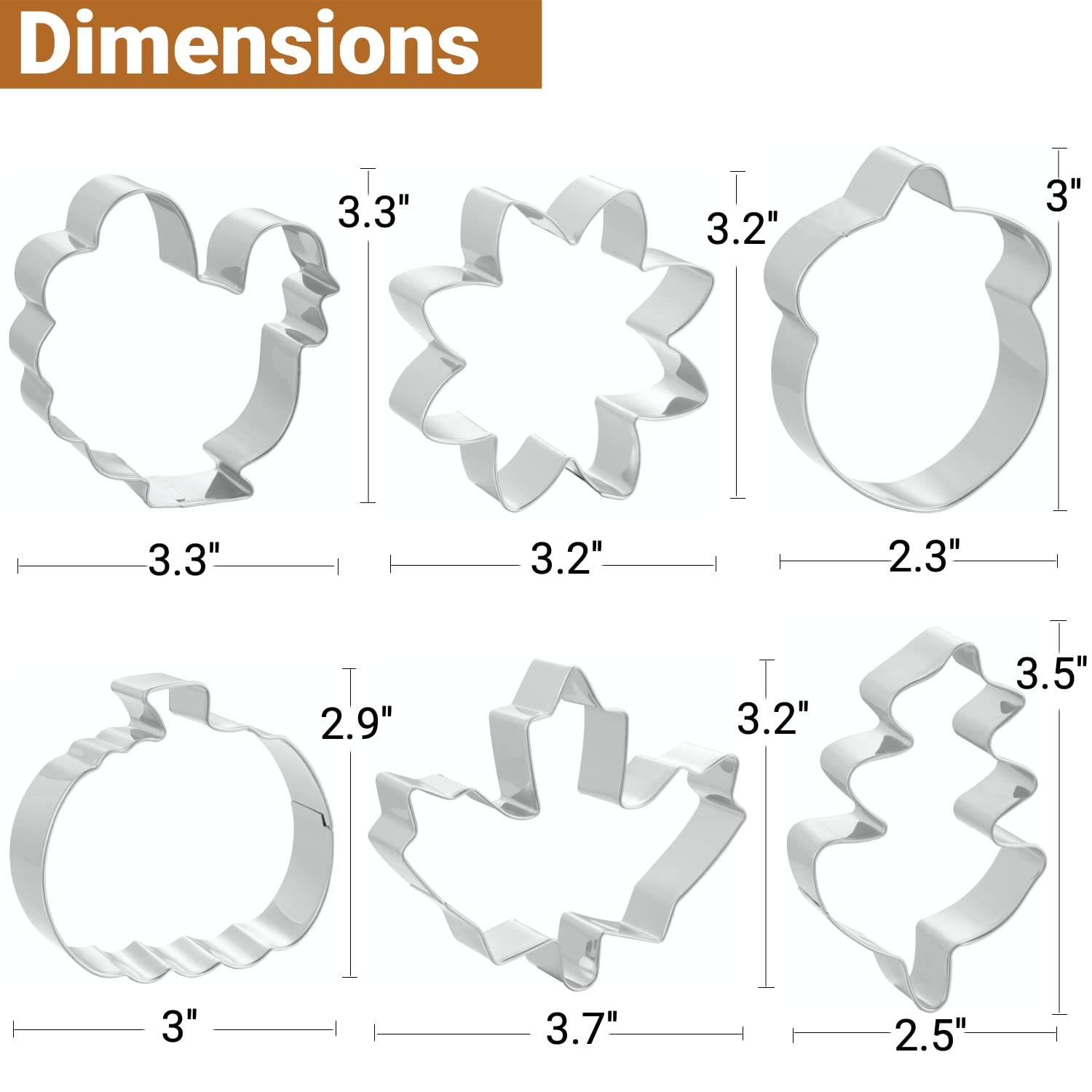 Job Jol Fall Thanksgiving Cookie Cutters 6 Pcs, 3 ' ' To 3.5 ' ', Pumpkin, Leaf, Turkey, Acorn, Sunflower