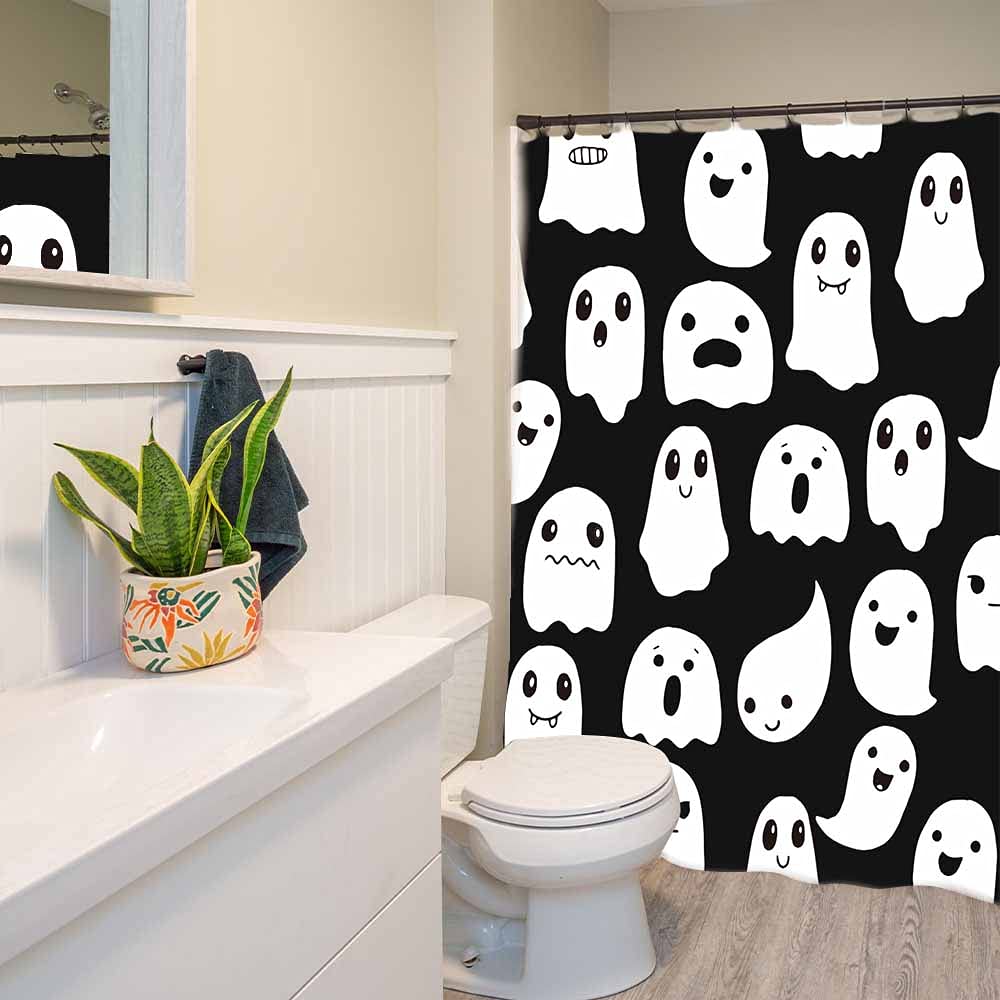 Shengjun 72X72 Inches Halloween Ghost Shower Curtain, Spooky Cute Funny Cartoon Ghosts Icons Black And White Fabric Kids Boy Tri