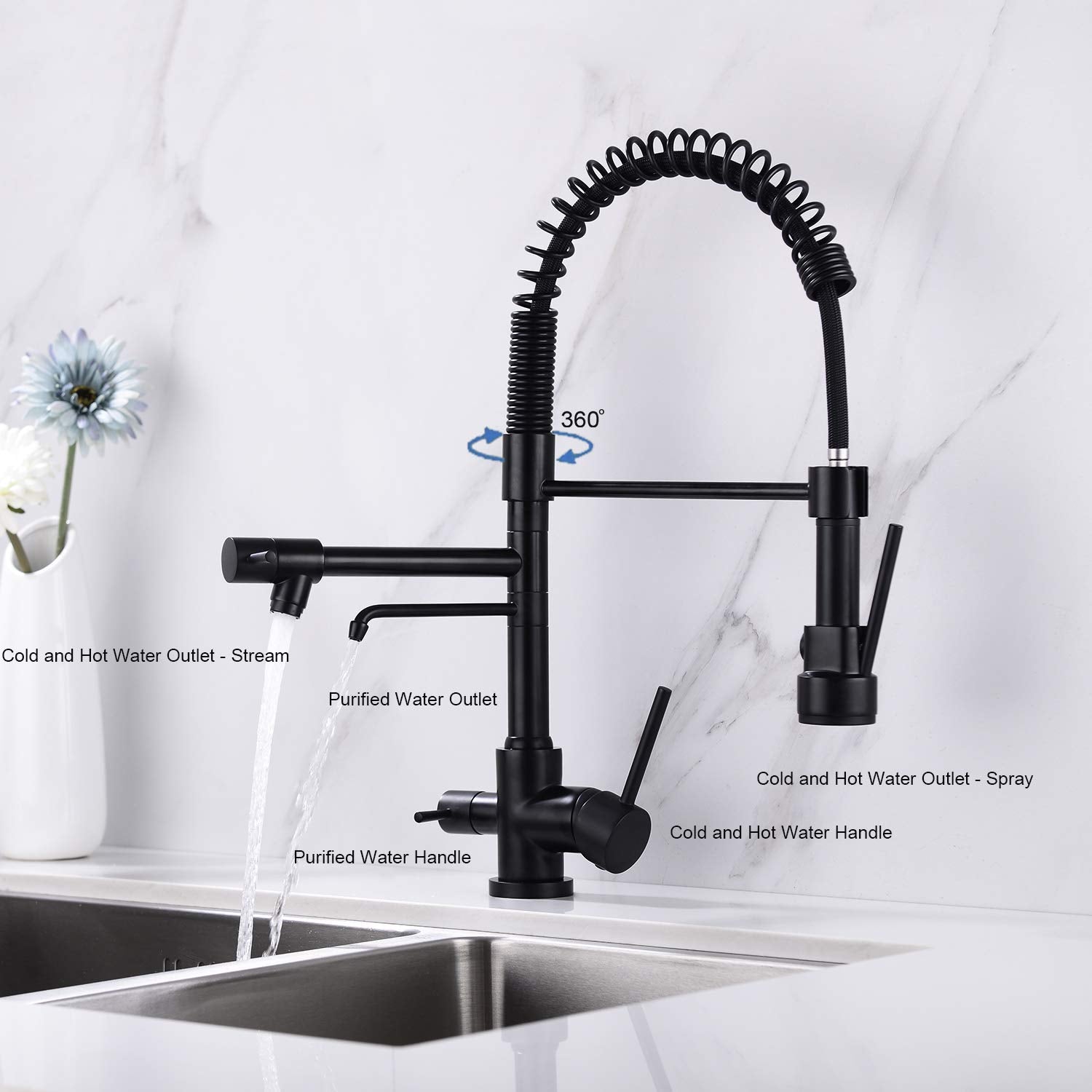 Delle Rosa Kitchen Faucet, 3 Way Drinking Water Faucet, Modern Kitchen Faucet With Pull Down Sprayer, Dual Handles Kitchen Sink