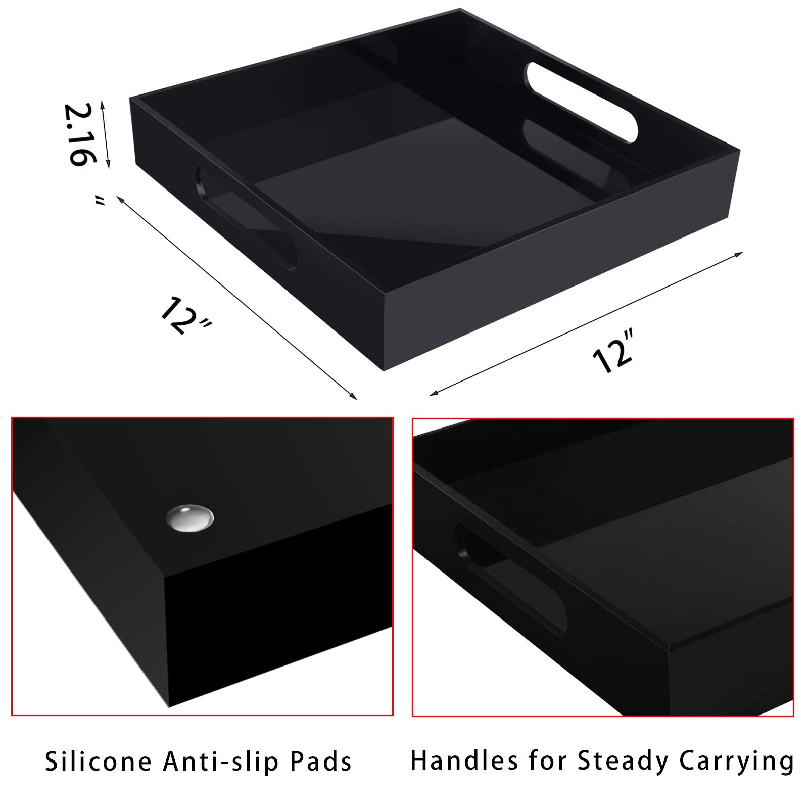 Tasybox Acrylic Serving Tray, Black Decorative Serving Trays With Handles For Kitchen Dining Room Table Ottoman Vanity Counterto