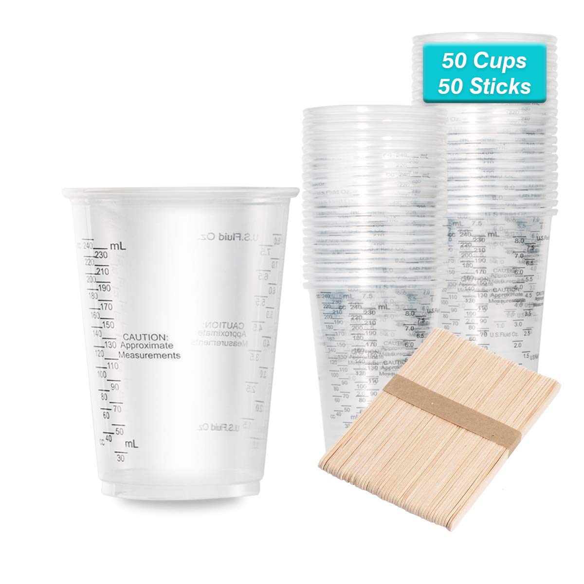 XUXU 50pcs 8oz Graduated Clear Plastic Measuring Cups with Wooden Stirring Sticks for Mixing Paint, Pigments, Epoxy Resins, Resi
