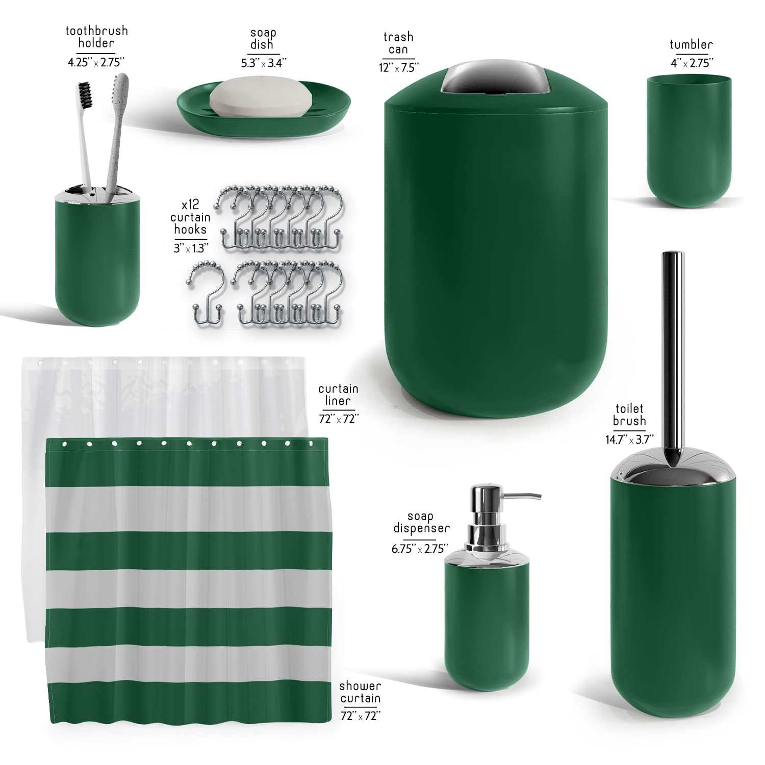 Clara Clark Bathroom Set - Green Bathroom Accessories Set  20PC Bathroom Accessory Set  Shower Curtain Set with Liner  Toothbrush Holder  Soap Dispenser  Soap Dish  Toilet Brush Holder  and Trash Can