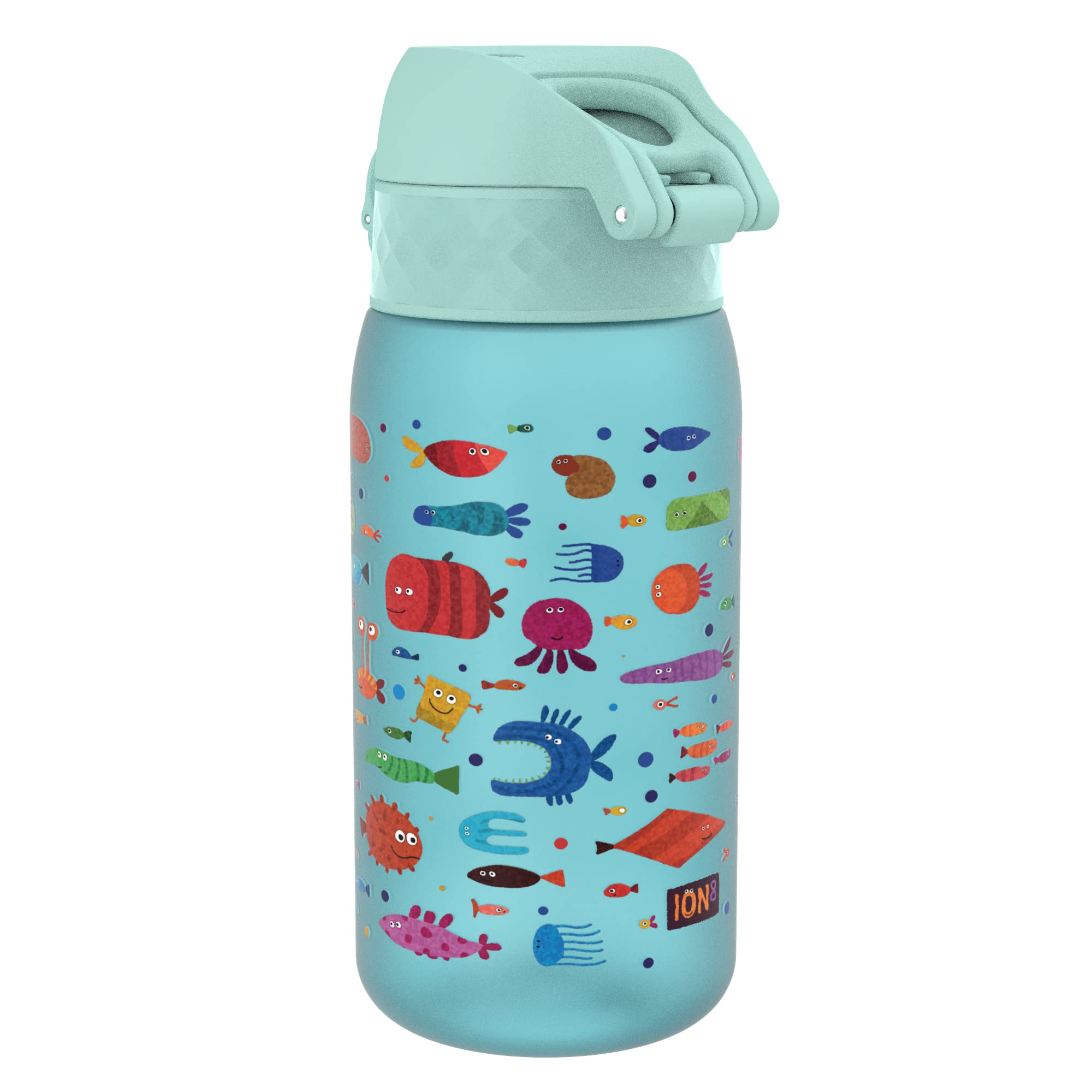 Ion8 Kid's One Touch 2.0 On-The-Go Printed Water Bottle - Leakproof and BPA-Free Water Bottle - Fits Car Cup Holders and Kid's Backpacks 12 oz / 350 ml - Fish