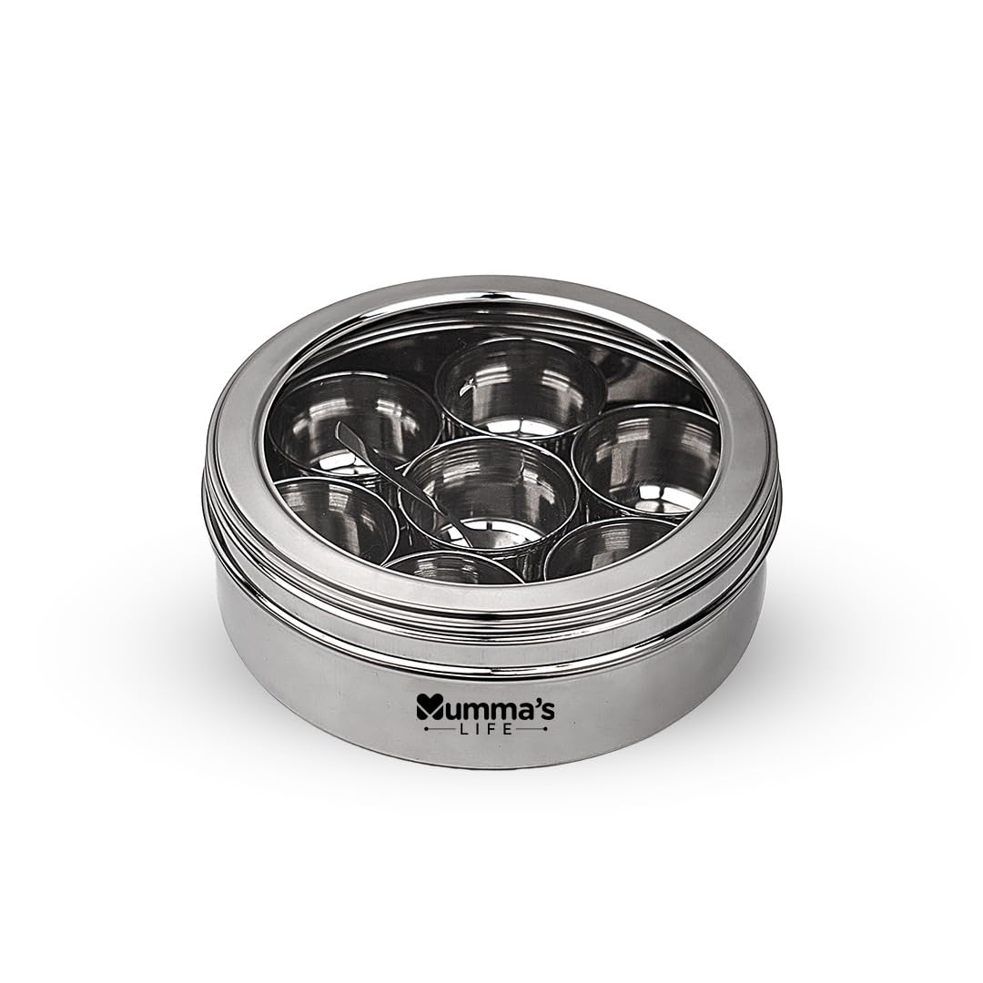 Mummas LIFE Stainless Steel Masala Box Spice Organiser With 7 Bowl And 1 Small Spoon Masala Dani for Kitchen