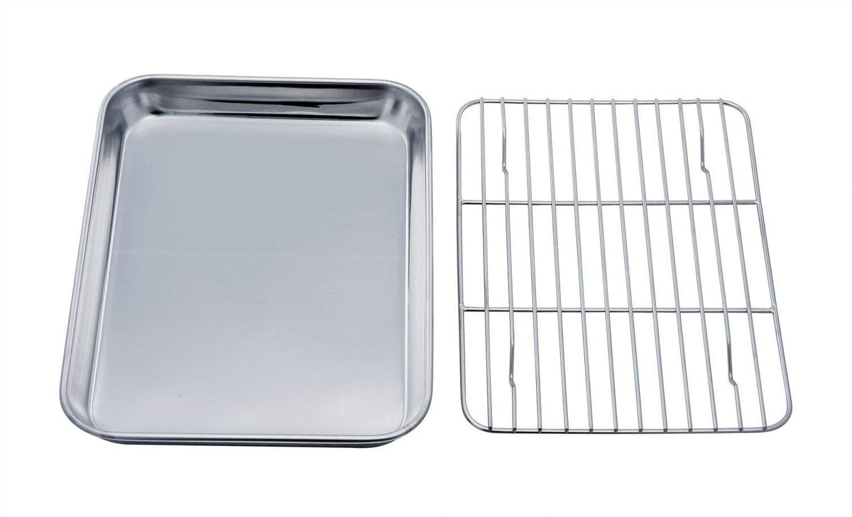 Teamfar Toaster Oven Tray And Rack Set, 9.3 X 7 X 1, Stainless Steel Toaster Oven Pan Broiler Pan, Non Toxic & Healthy, Easy Cle