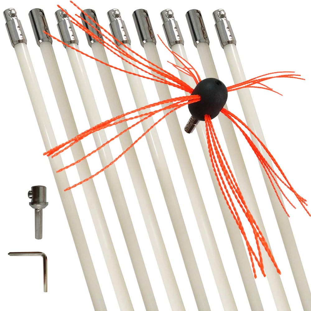 Xedragony Chimney Cleaning Brush Fireplace Flue Sweep Whip Cleaner Tools 30 Feet Rotary System Flexible 9 Rods Kit Drill Powered