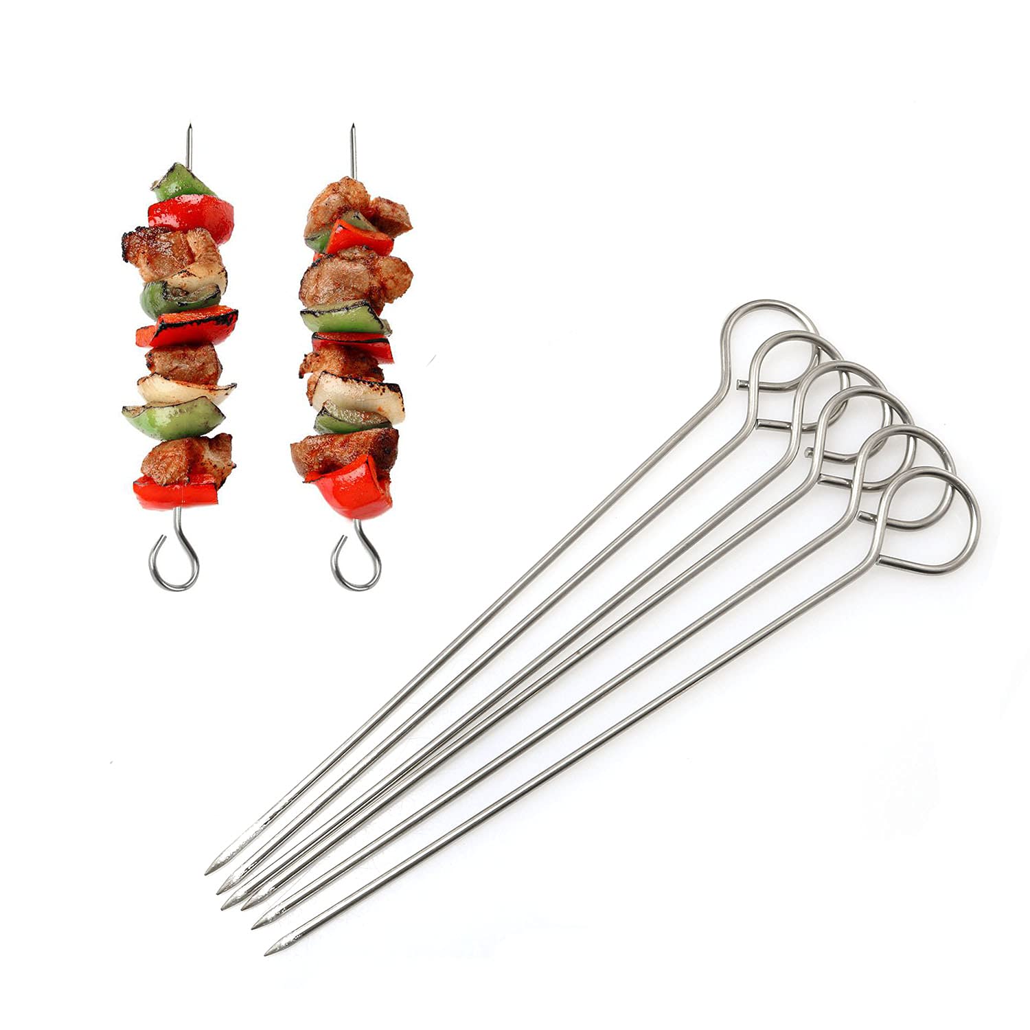 PZRT Stainless Steel BBQ Skewers - 12pcs (6x6" & 6x8") for Roasting Turkey, Shish Kebab & Trussing - Silver