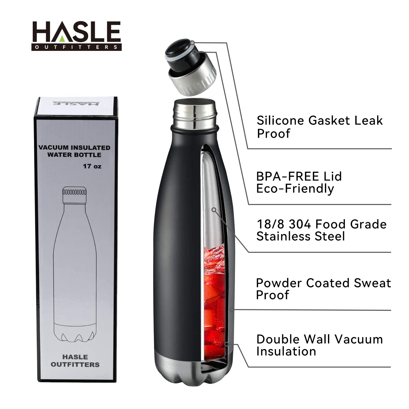 Hasle Outfitters 17Oz Stainless Steel Water Bottles Bulk, Vacuum Insulated Water Bottles Double Walled Reusable Metal Sports Wat