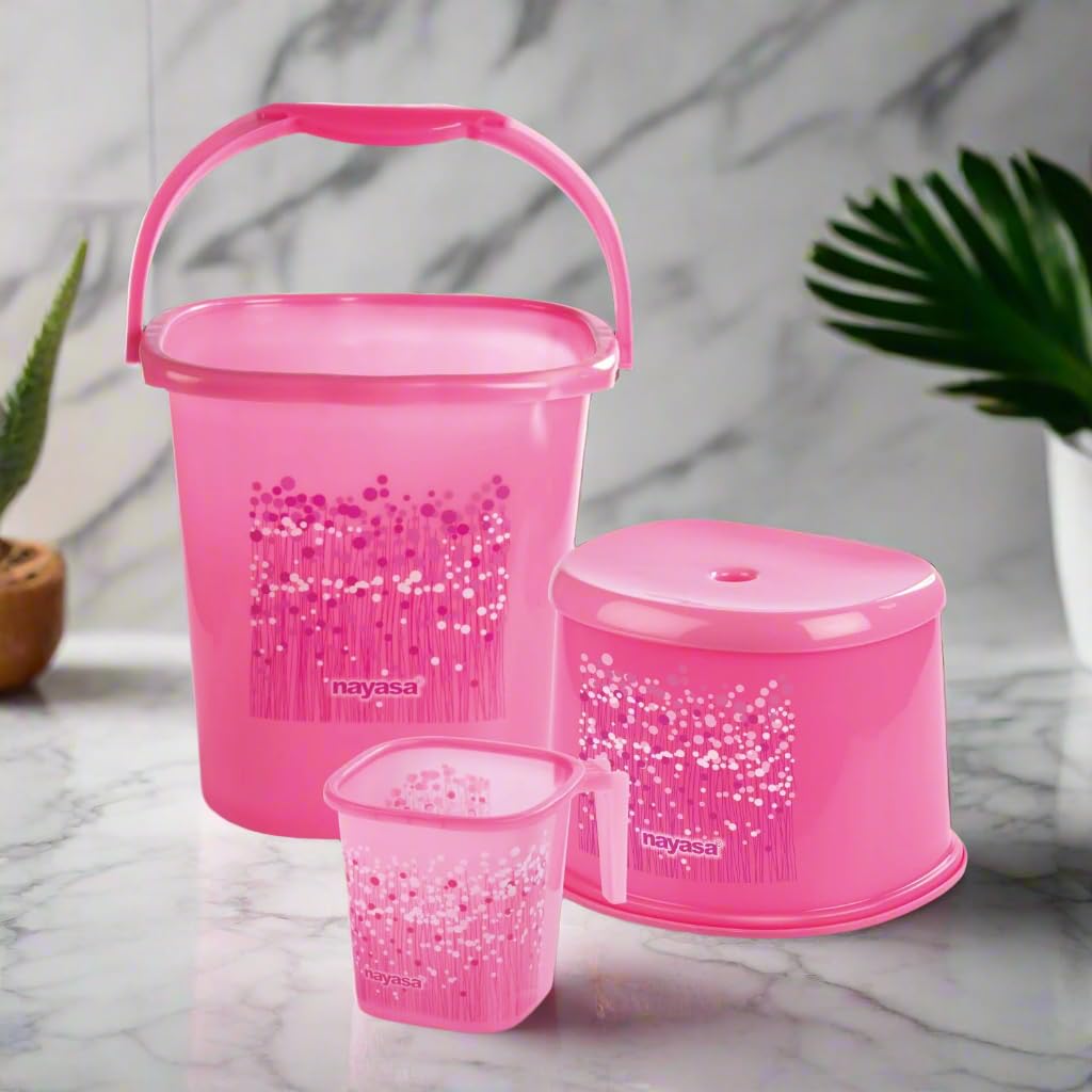 Nayasa Square Ring Funk Plastic Bucket Set For Bathroom | 25 Liters Bucket & 1.5 Liters Mug | Bathroom Set Of 3 | Bathroom Acces