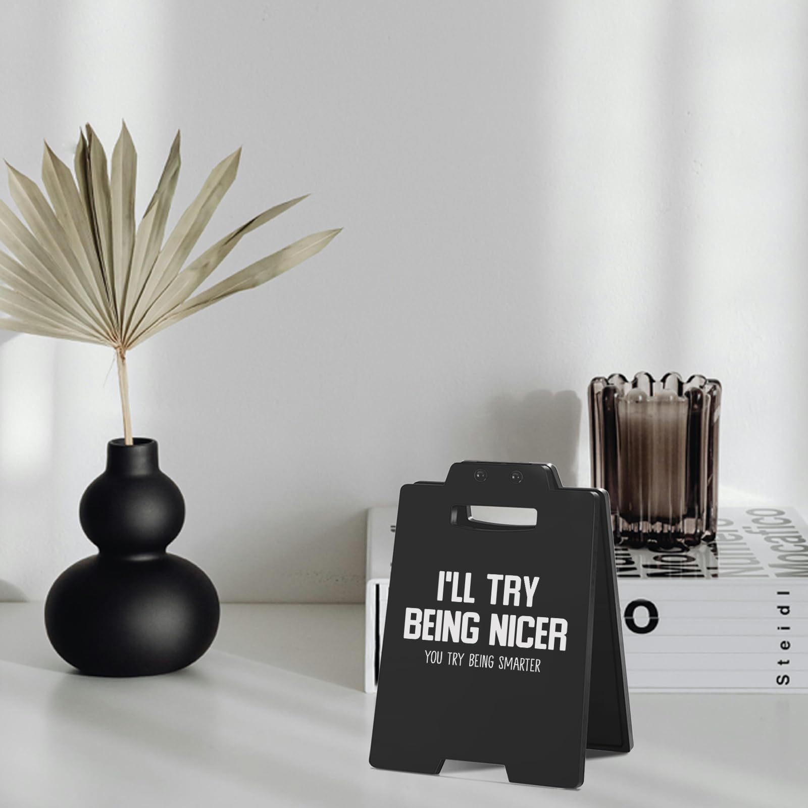 Funny Desk Sign - I'LL TRY BEING NICER, YOU TRY BEING SMARTER | Black Cubicle Decor, Humorous Office Desk Accessories for Women