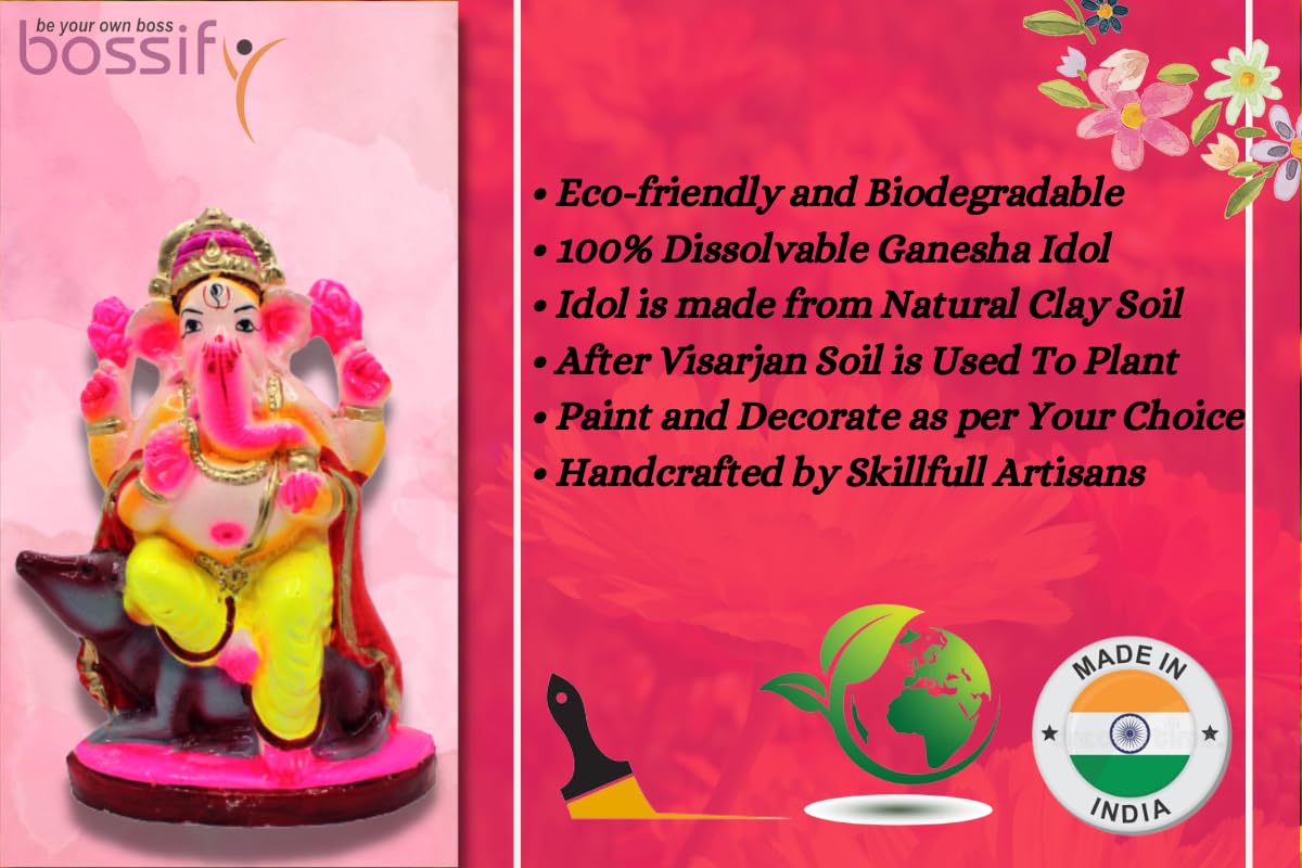 Bossify 100% Eco-Friendly Traditional Handcrafted Mitti Clay Ganesha Idol For Visarjan 6.5 Inches |Clay Ganesha Idol | Clay Ganp