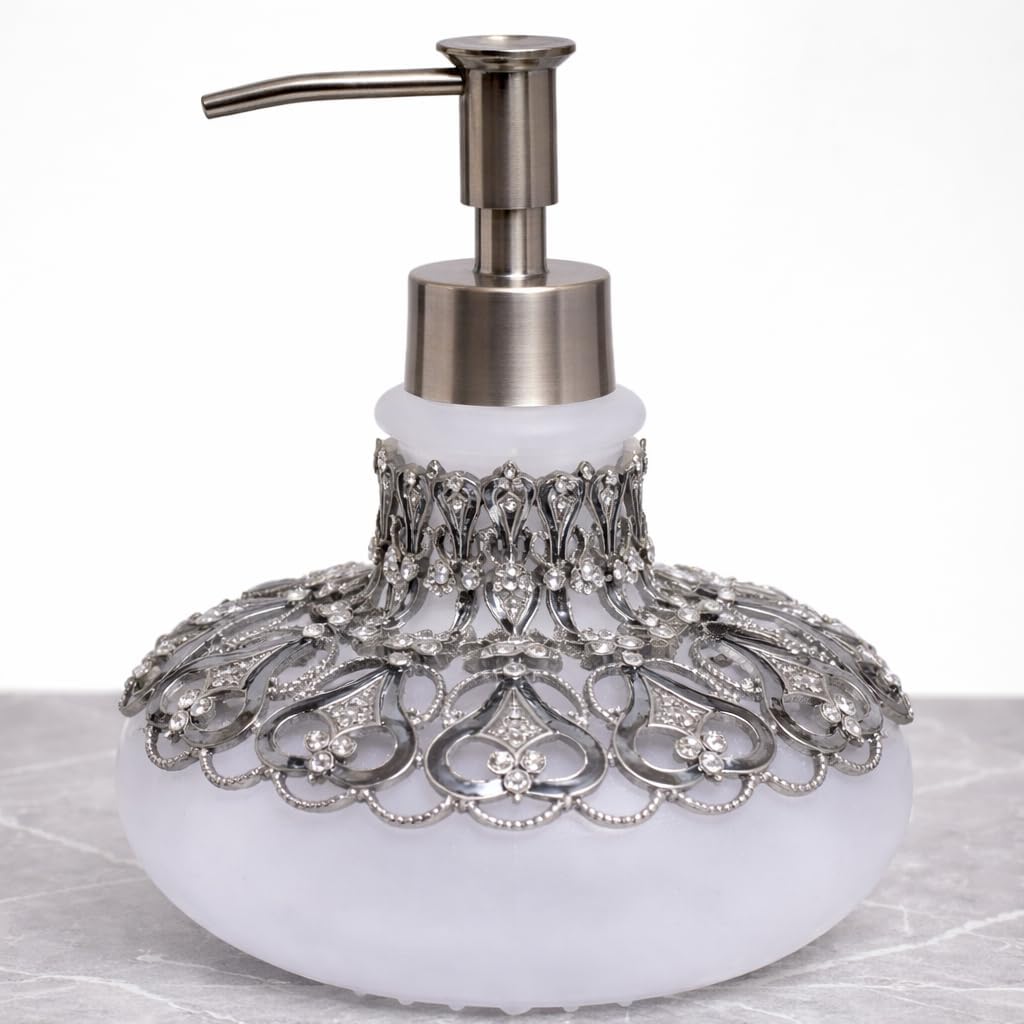 Oriana Soap Dispenser – Elegant 9 oz Frosted Glass Bathroom Decor with Rhinestone Pump