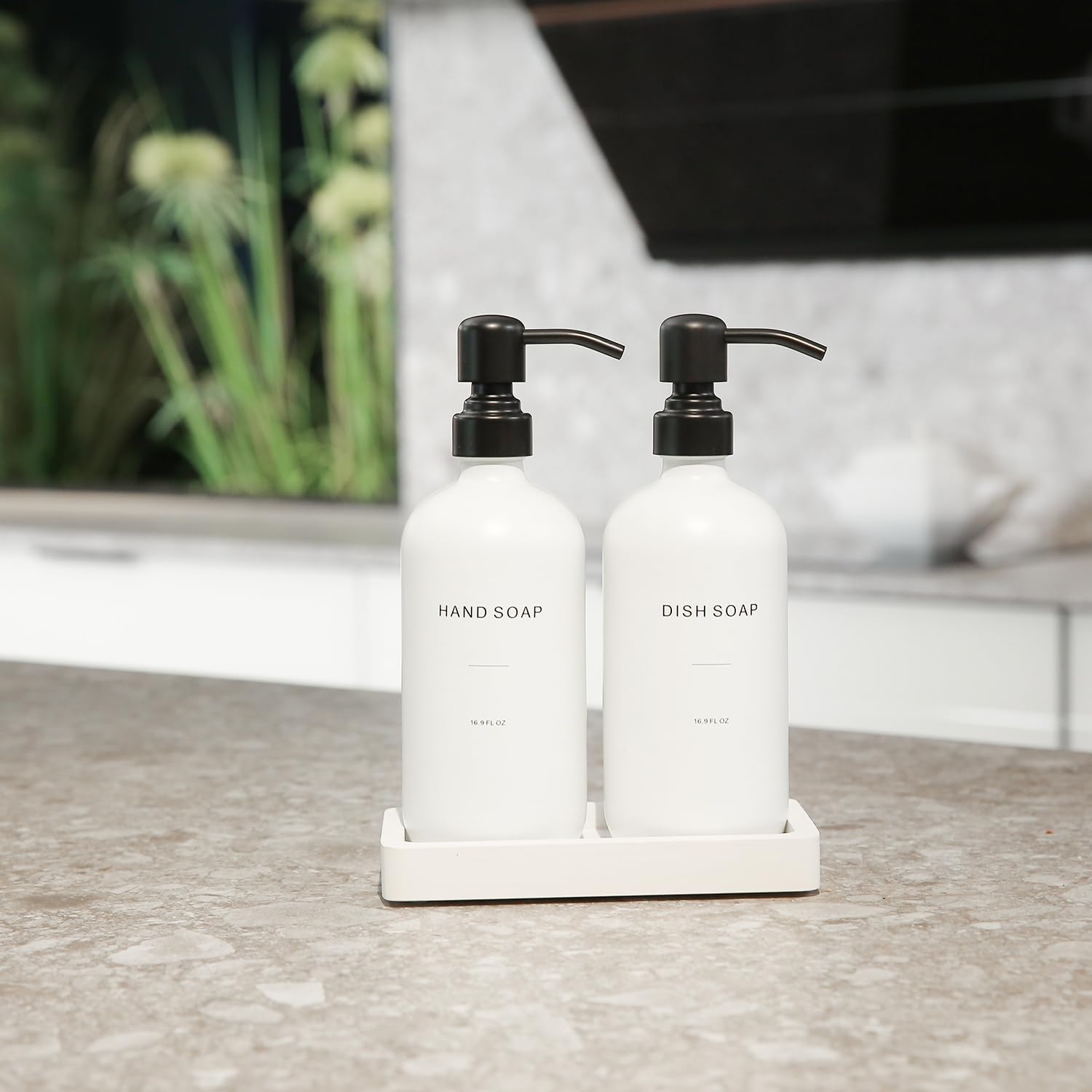Prus Waso Kitchen Soap Dispenser Set, Contains Dish Soap Dispenser And Hand Soap Dispenser. White Soap Dispenser With Black Stai