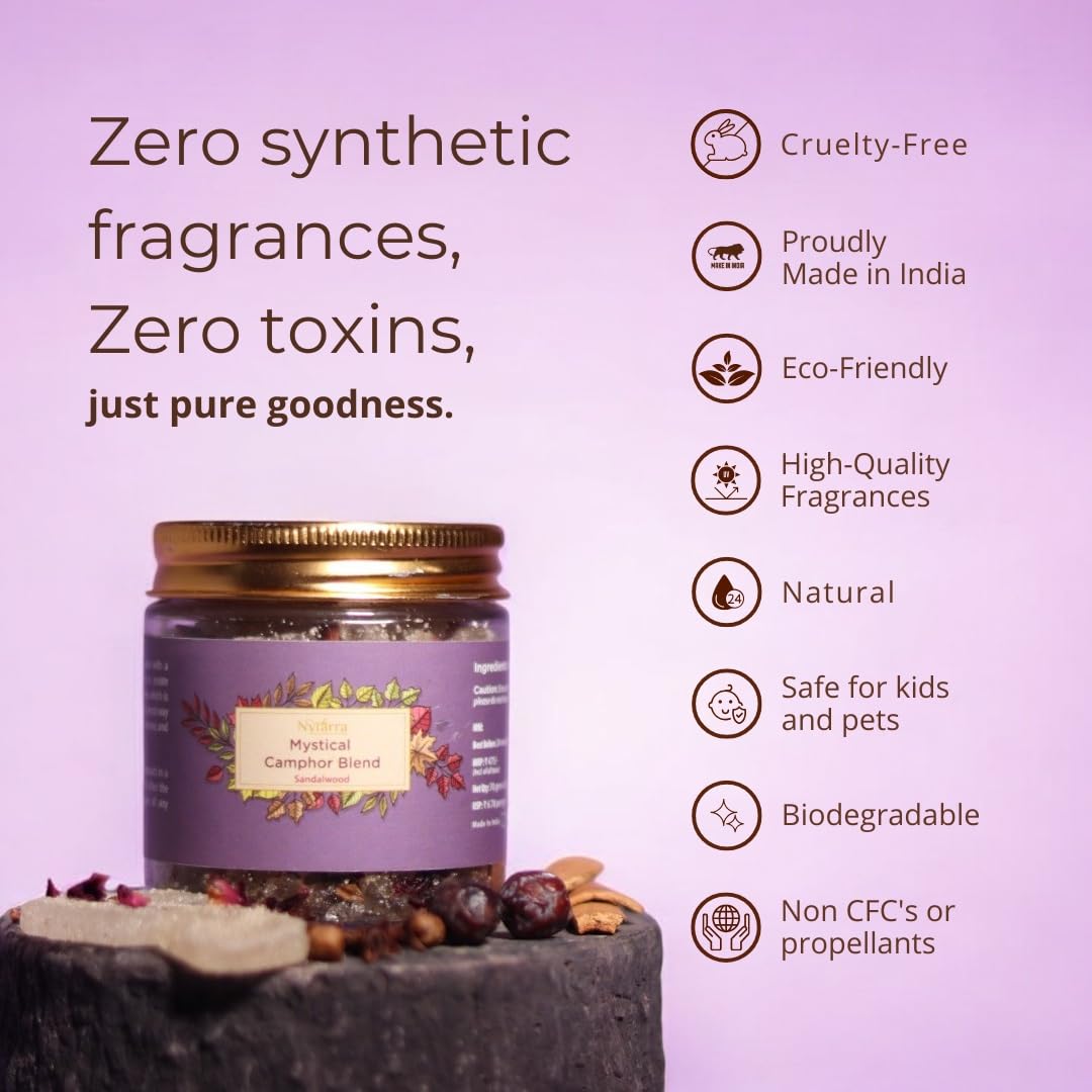 Nytarra Sandalwood Mystical Camphor Blend - 70G | Pure Kapoor/Kapooram For Diffuser, Daily Use & Meditation | Infused With Herbs