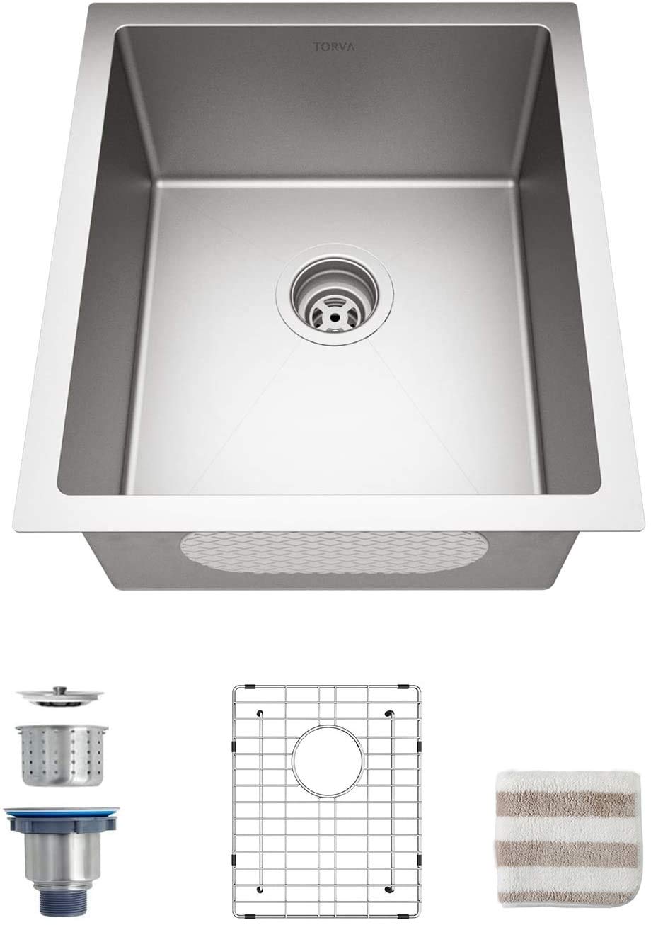 Bar Sink, Torva 17-Inch Undermount Kitchen Sink, 16 Gauge Stainless Steel Single Bowl - 17 X 19 X 9 Inch Deep Bar/Prep Basin