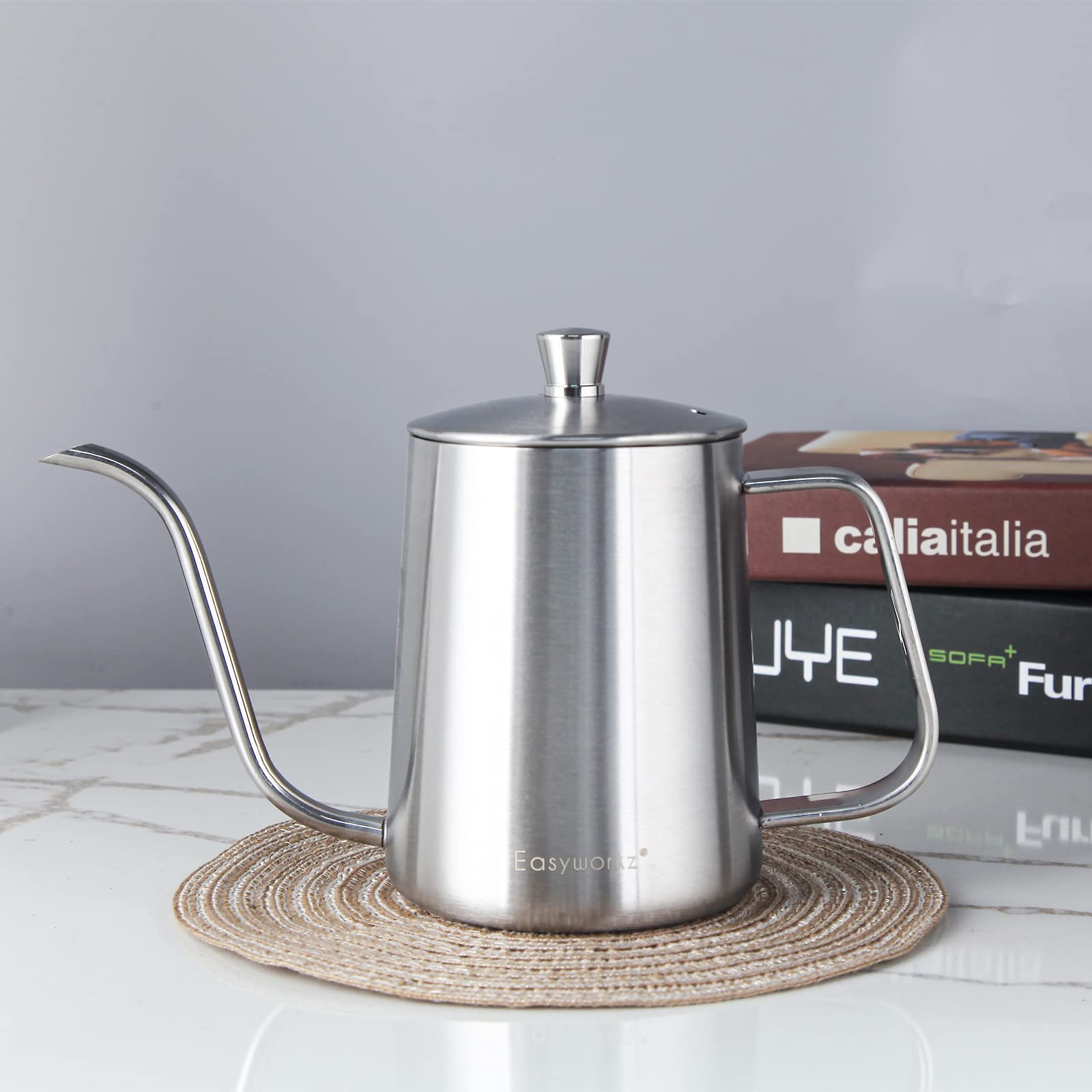 Easyworkz Gage Gooseneck Pour Over Coffee Kettle 12 Oz Stainless Steel Hand Drip Long Narrow Spout, Silver