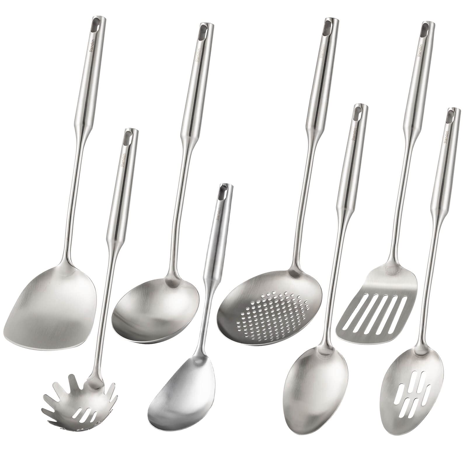 304 Stainless Steel Kitchen Utensils Set - 8 Pcs All Metal Cooking Tools With Spatula, Solid Spoon, Slotted Spoon, Ladle, Skimme