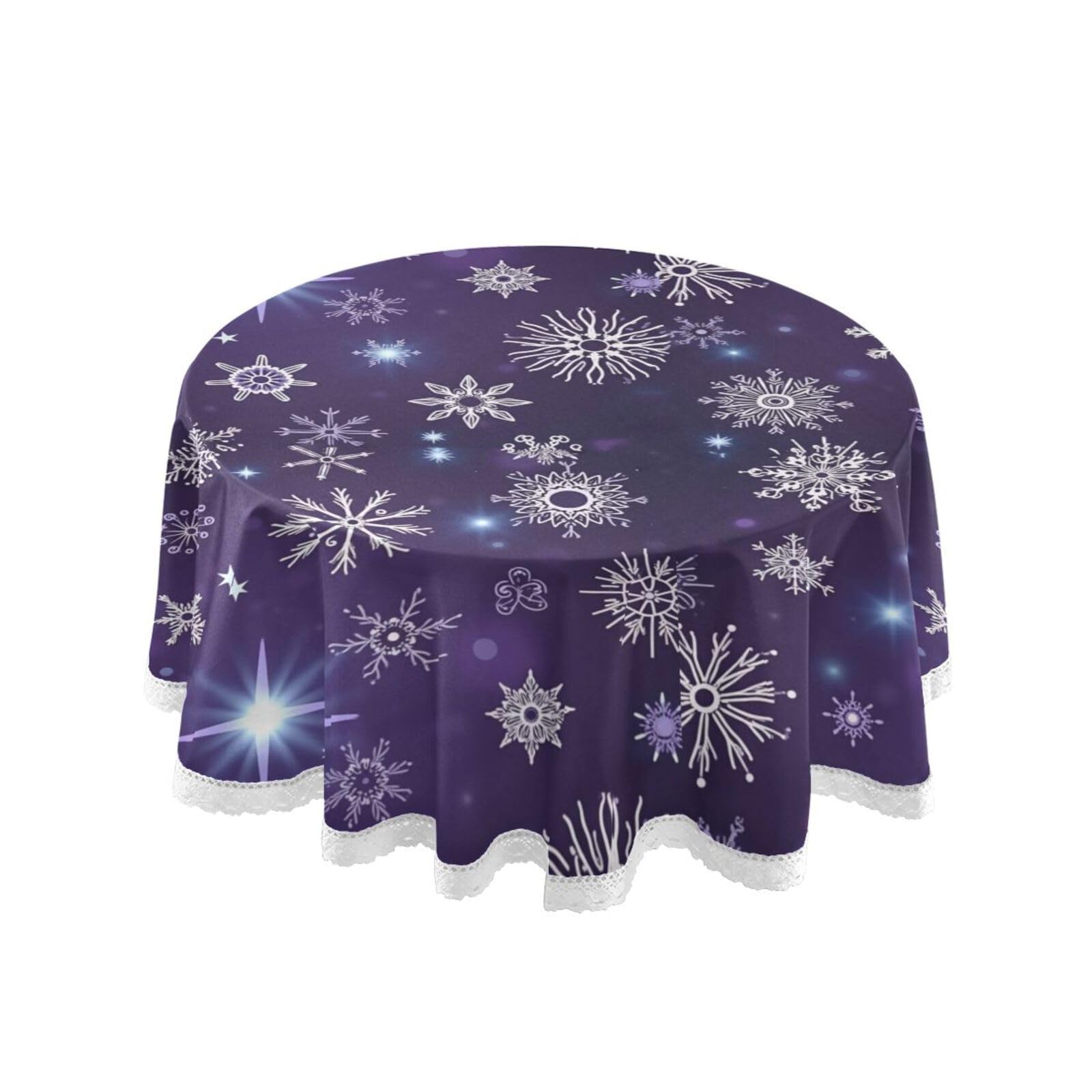 Kcldeci Christmas Snowflakes Round Tablecloth 60 Inch Xmas Winter Holiday Table Cloth New Year Purple Table Cover for Kitchen Di