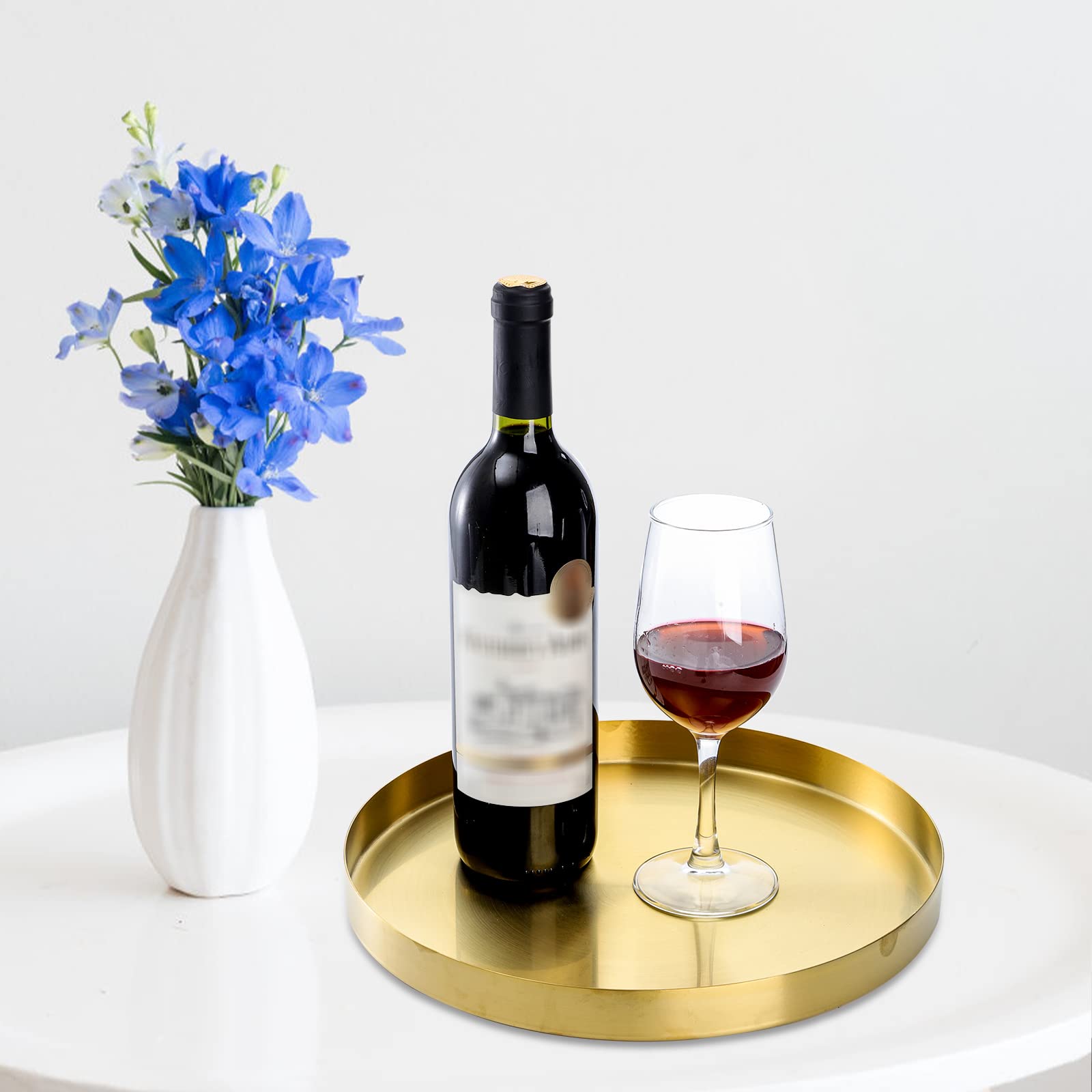 Jucoan 12 Inch Round Gold Tray, Decorative Dresser Vanity Tray Makeup Organizer For Jewelry Perfume Candle, Stainless Steel Meta