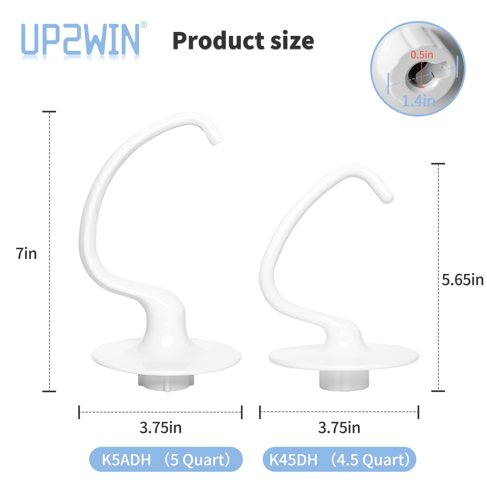 Up2Win K45Dh Dough Hook Attachment For Kitchenaid Mixer - K45Dh Coated Dough Hook For Ksm150 Ksm90 K45Ss, Dough Attachment For K