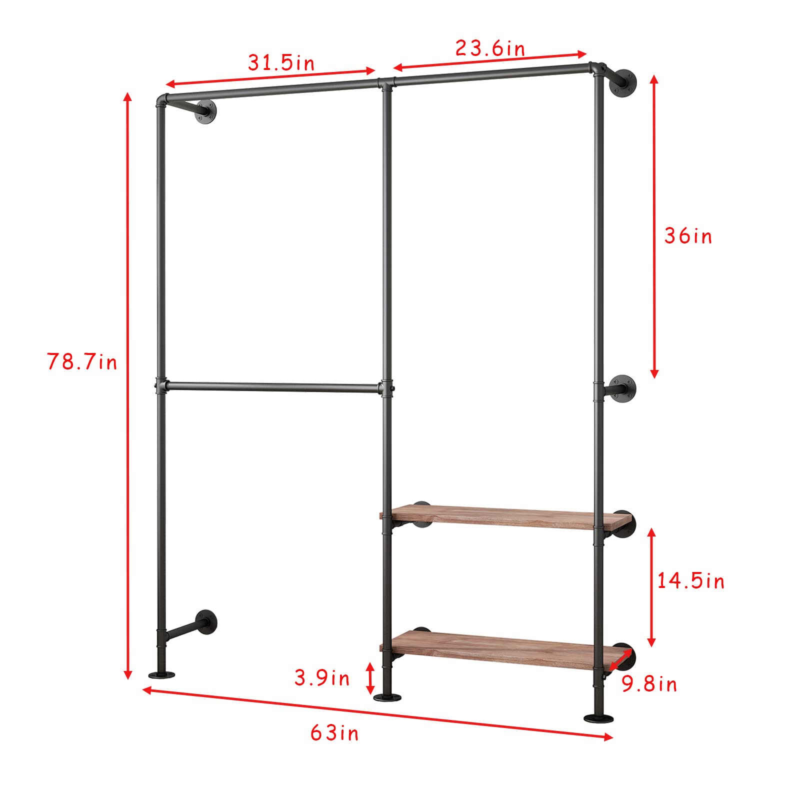 Ironjiazu Industrial Pipe Clothes Racks With Black Shelves, Industrial Pipe Black Clothing Rack With Double Hanging Rods, Heavy