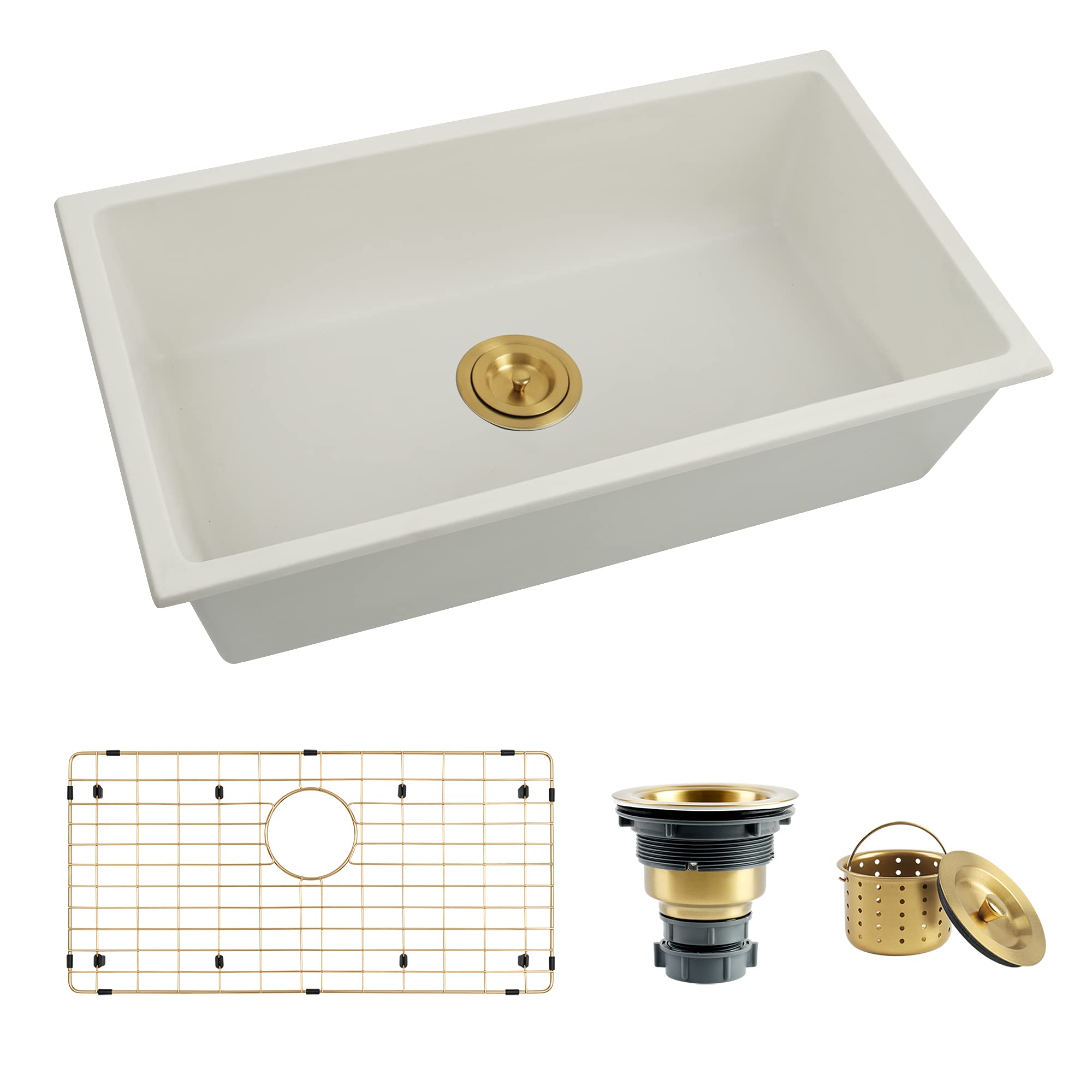 Lonsince White Kitchen Sink 31 X 18 inch,Single Bowl Undermount Sink,White Granite Sink with Gold Sink Grid and Gold Sink Strain