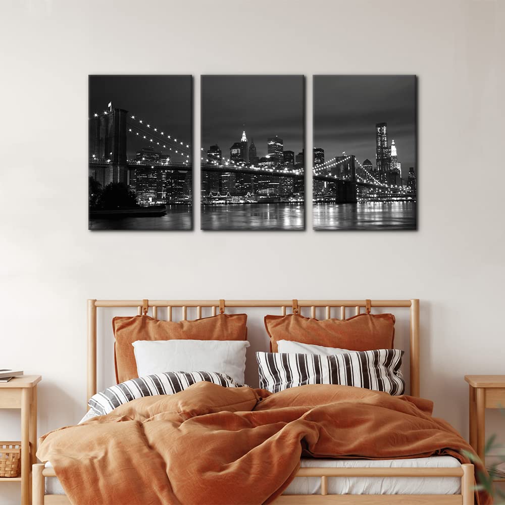 Pacimo New York Brooklyn Bridge Canvas Wall Art 3 Panels Night View Modern Landscape Artwork Cityscape Pictures Prints On Canvas