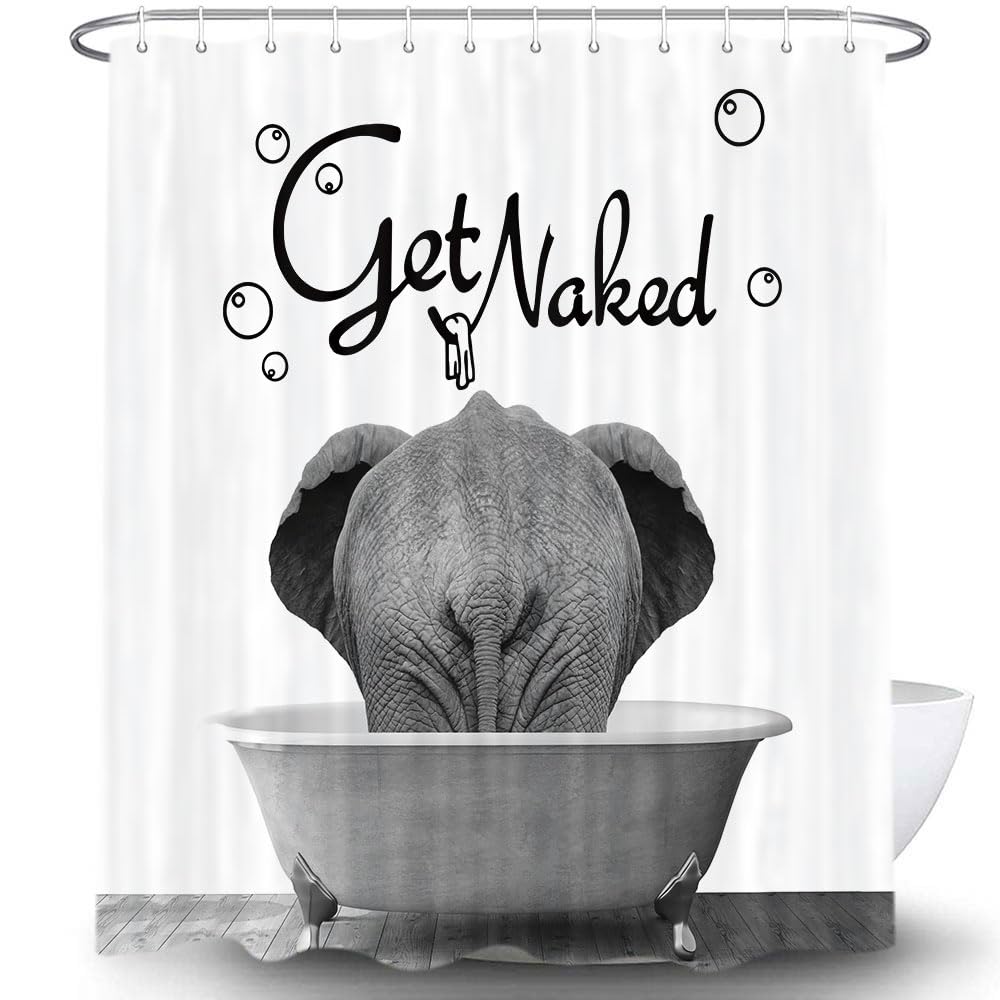 Uokiuki Get Naked Fabric Shower Curtain, Funny Animal Elephant Bathing In The Bathtub Shower Curtain For Bathroom, Cute Bath Cur