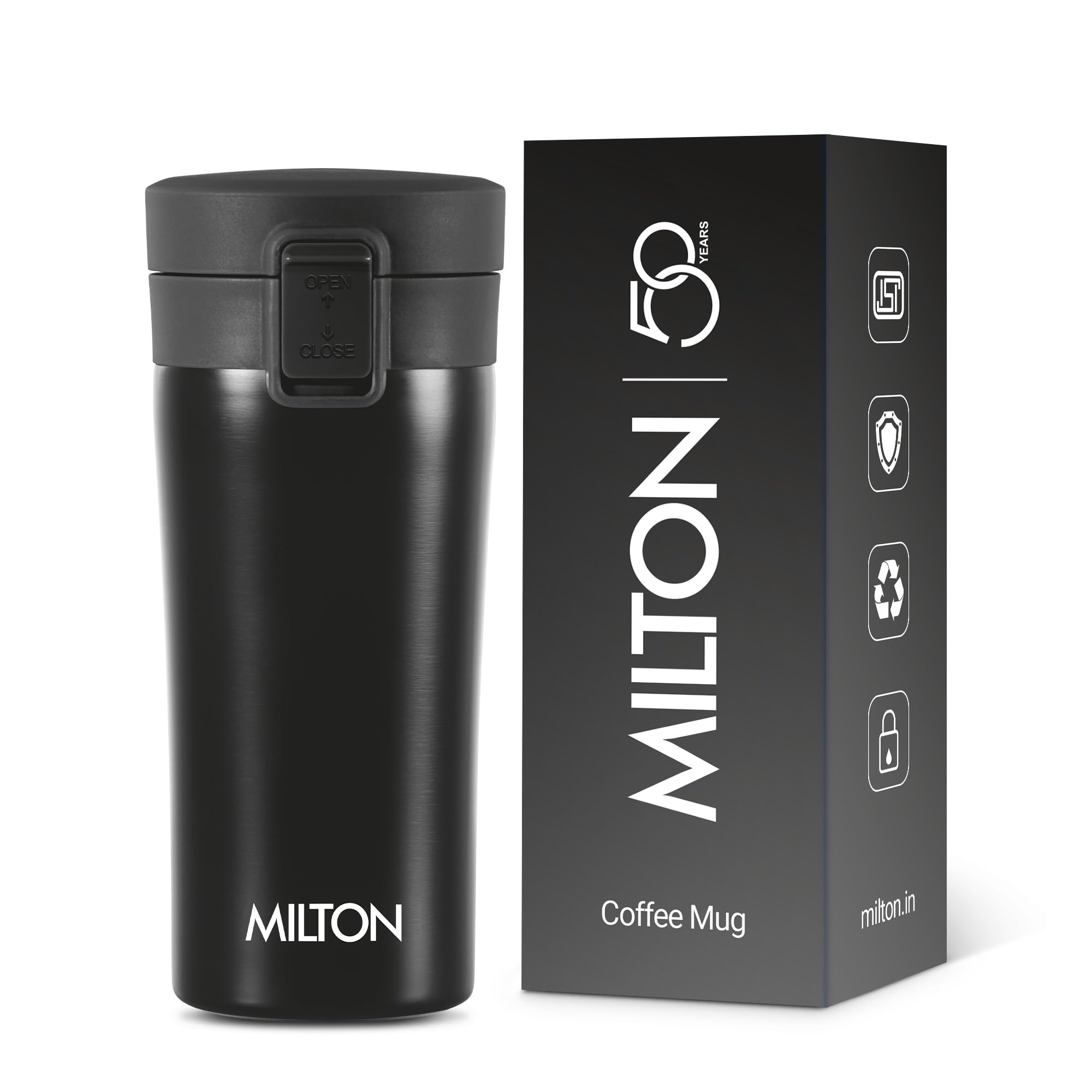Milton Thermosteel Vacuum Insulated Travel Coffee Mug, 300Ml, Black, Prolonged Hours Hot & Cold, Isi Certified, Spill Proof & Ea