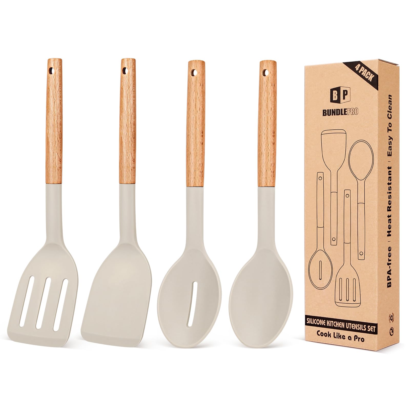 Pack Of 4 Silicone Cooking Utensils Set, Non Stick Solid Spatulas And Heat Resistant Slotted Spoons With Wooden Handle, Ideal Wo